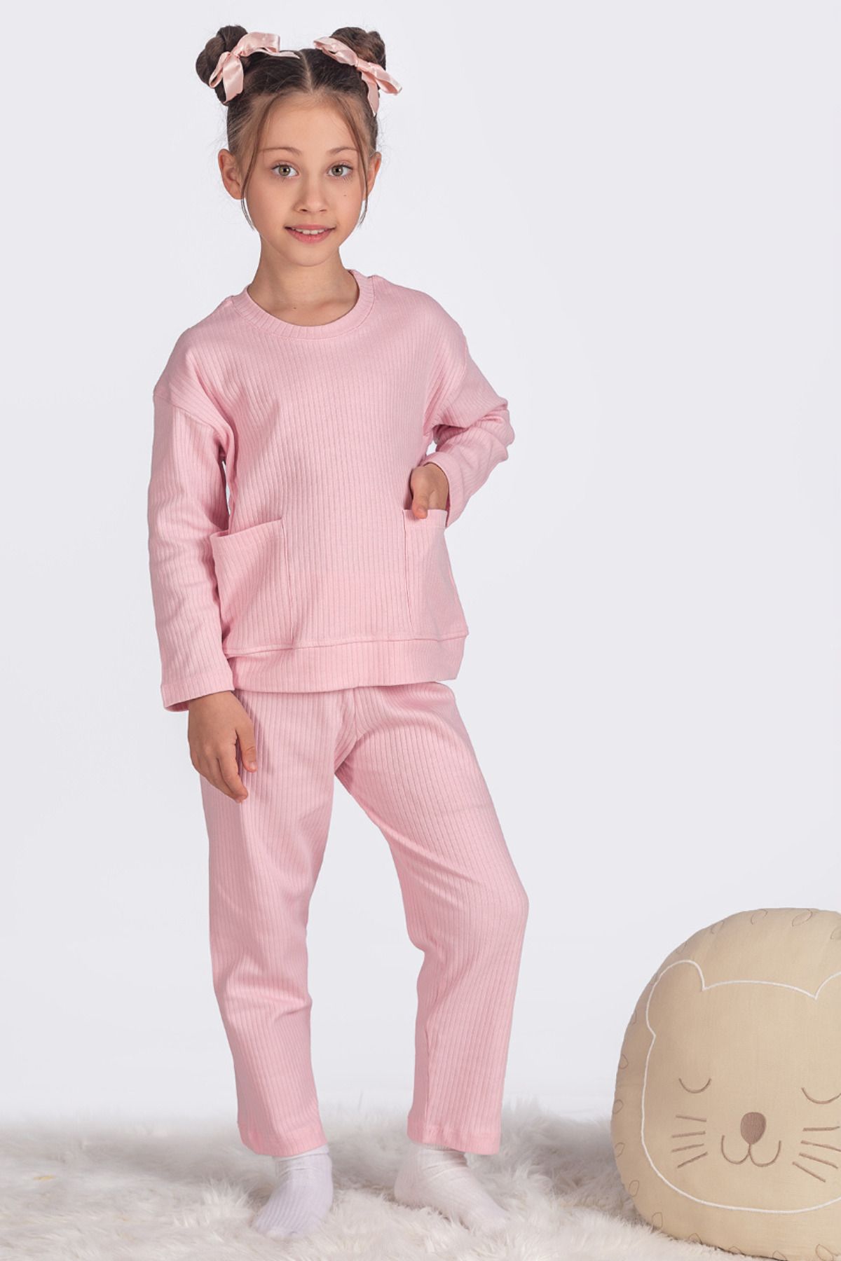 %100 Pamuk Cepli Düz Renk Fitilli Kız Çocuk Pijama Takımı  - Pembe