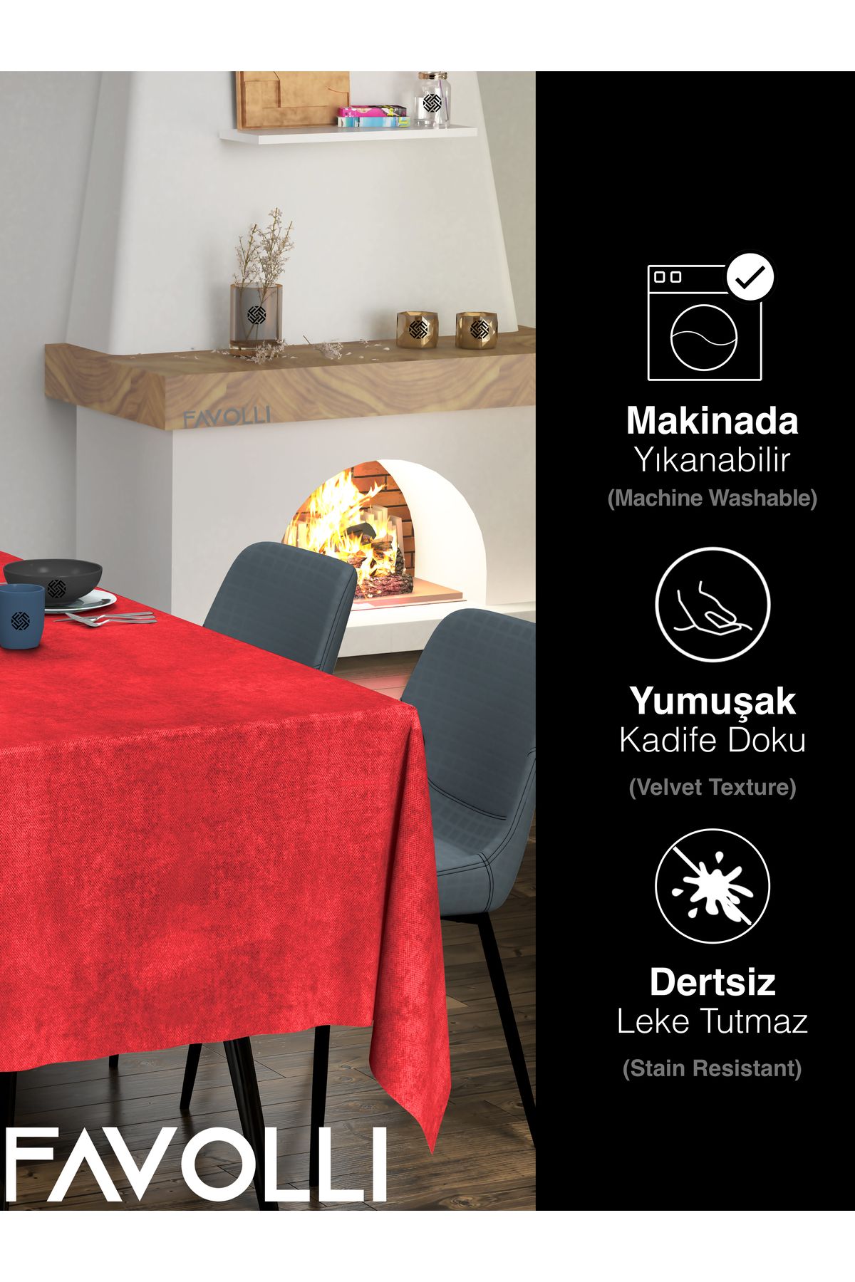 Kadife Dokulu Kırmızı Renk Masa Örtüsü