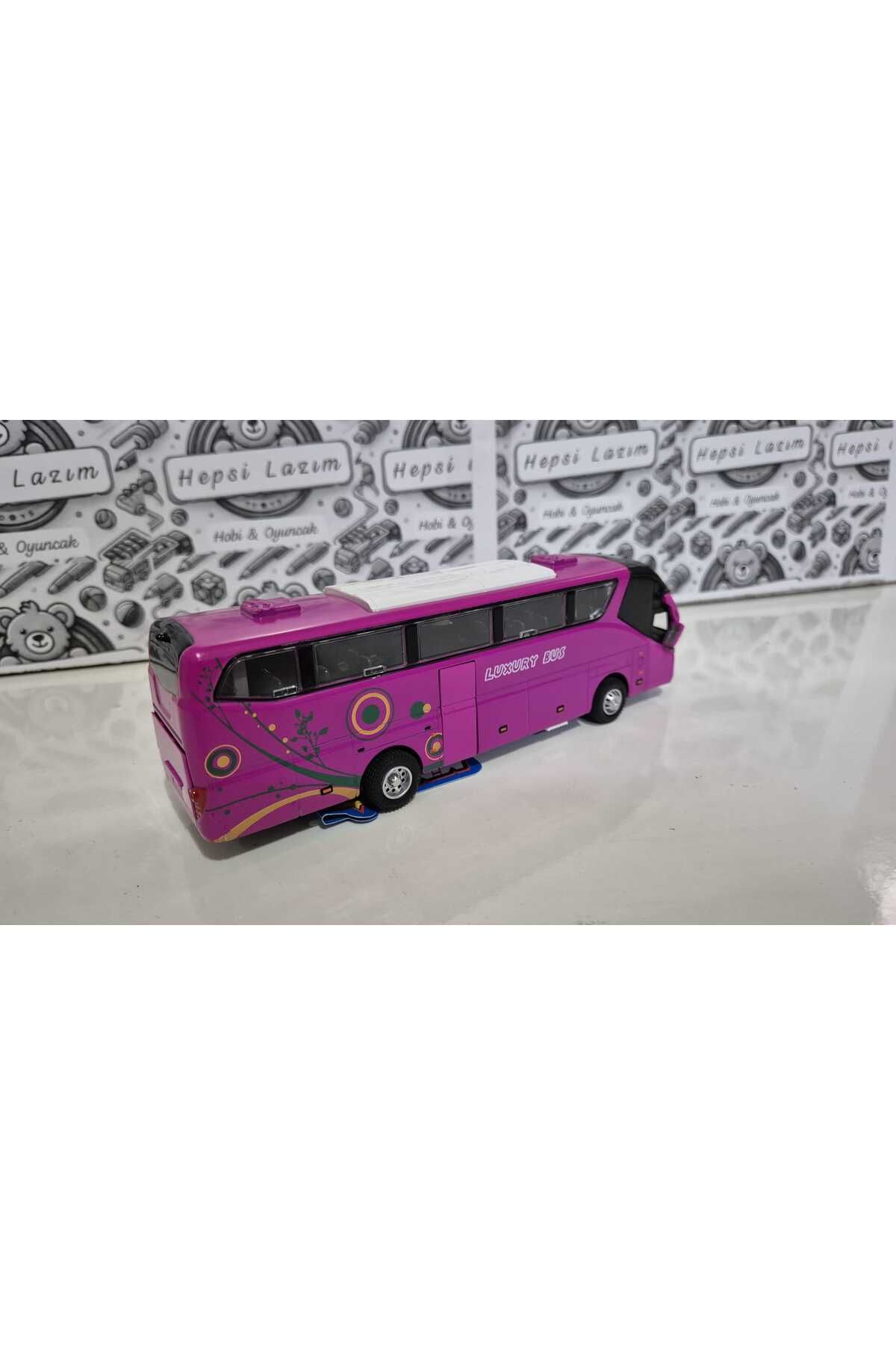 Metal Yolcu Otobüsü Oyuncak Sesli Işıklı 19 Cm Kapı Açılır Çekbırak Diecast Model Araç Pembe Otobus