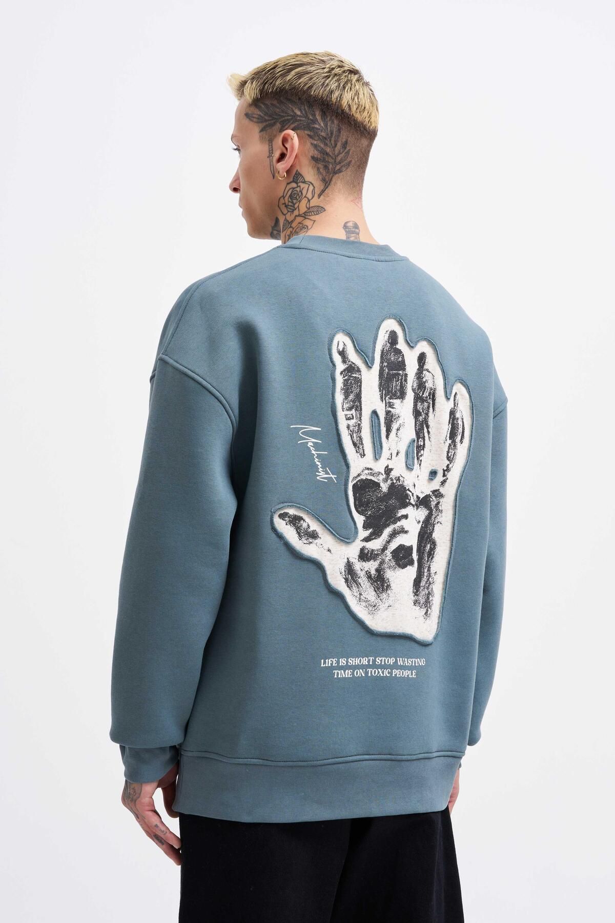 Erkek Bottom Printed Patch Sweatshirt BLUE SMOKE