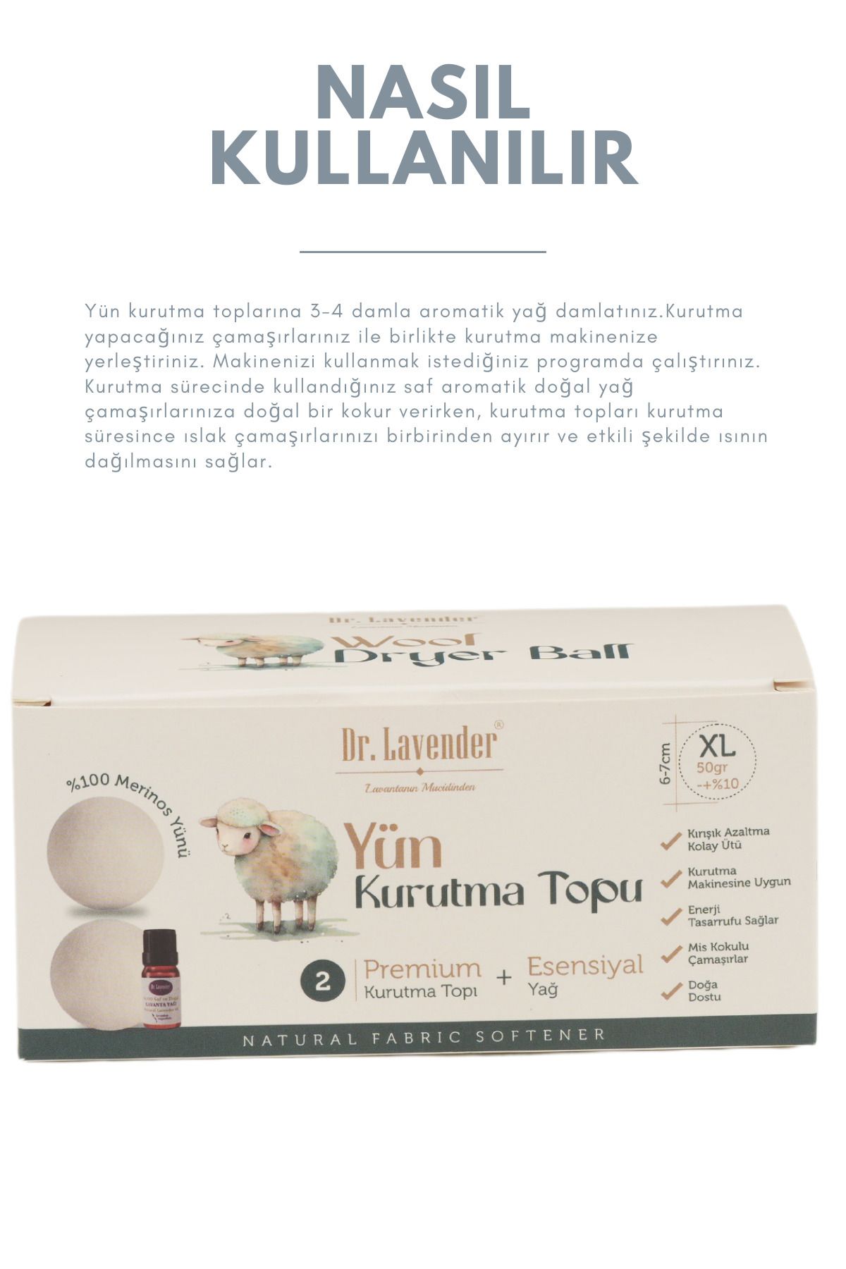 %100 Merinos Yünü XL Boy Çamaşır Kurutma Topu 50 GR.+ Adaçayı Yağı 10 ML + Lavanta Kesesi Hediyeli