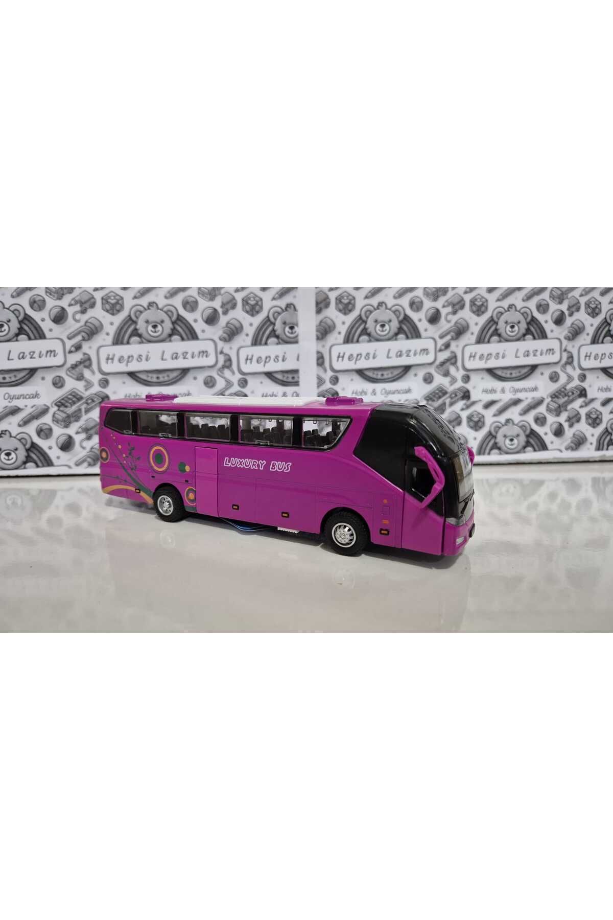 Metal Yolcu Otobüsü Oyuncak Sesli Işıklı 19 Cm Kapı Açılır Çekbırak Diecast Model Araç Pembe Otobus