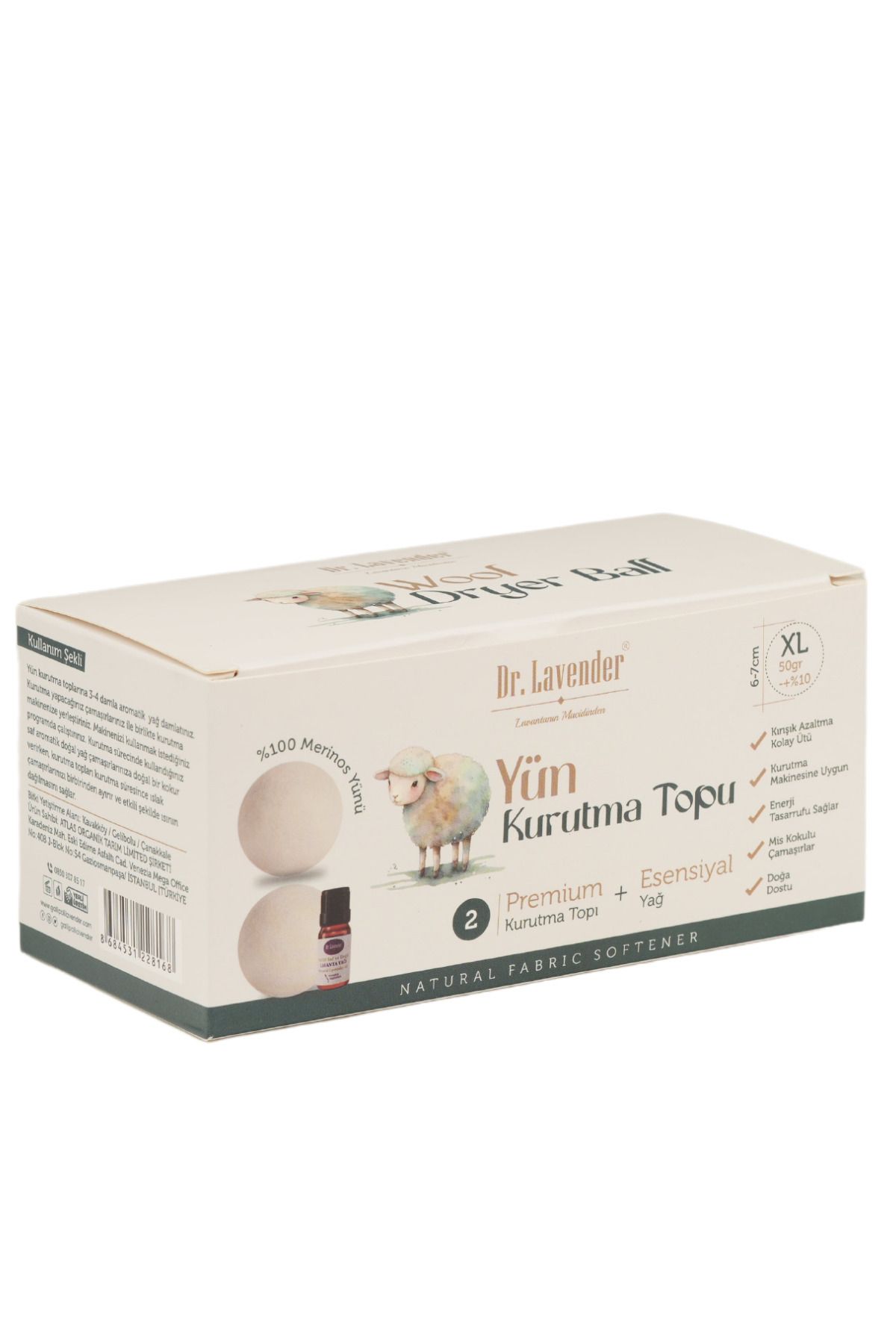 %100 Merinos Yünü XL Boy Çamaşır Kurutma Topu 50 GR.+ Adaçayı Yağı 10 ML + Lavanta Kesesi Hediyeli