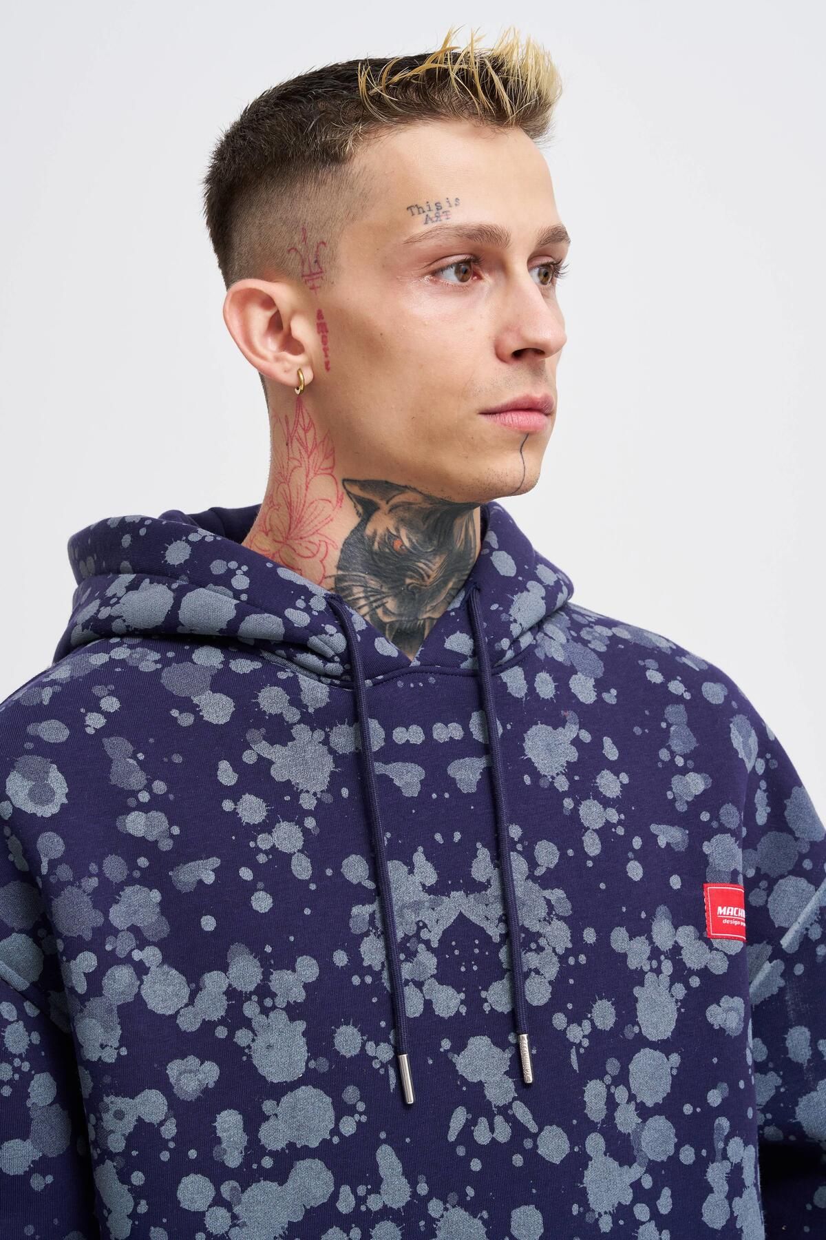 Erkek Splash Printed Lacivert Hoodie