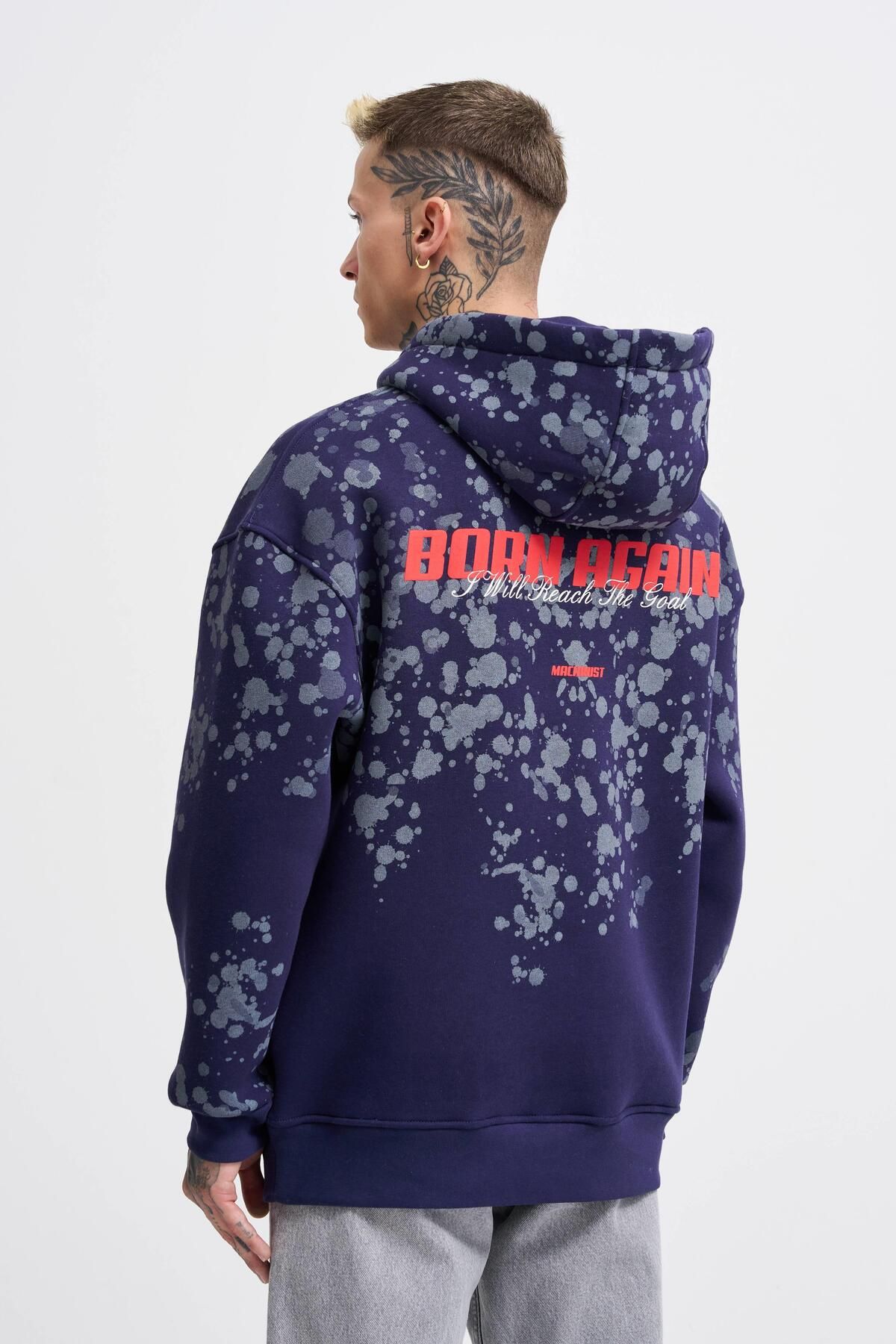 Erkek Splash Printed Lacivert Hoodie