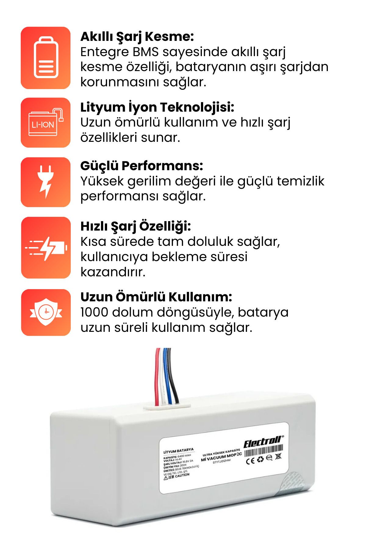 Xiaomi Mi Vacuum Mop 2c 2in1 Uyumlu Batarya (YÜKSEK KAPASİTE) 5200mah Robot Süpürge Pili