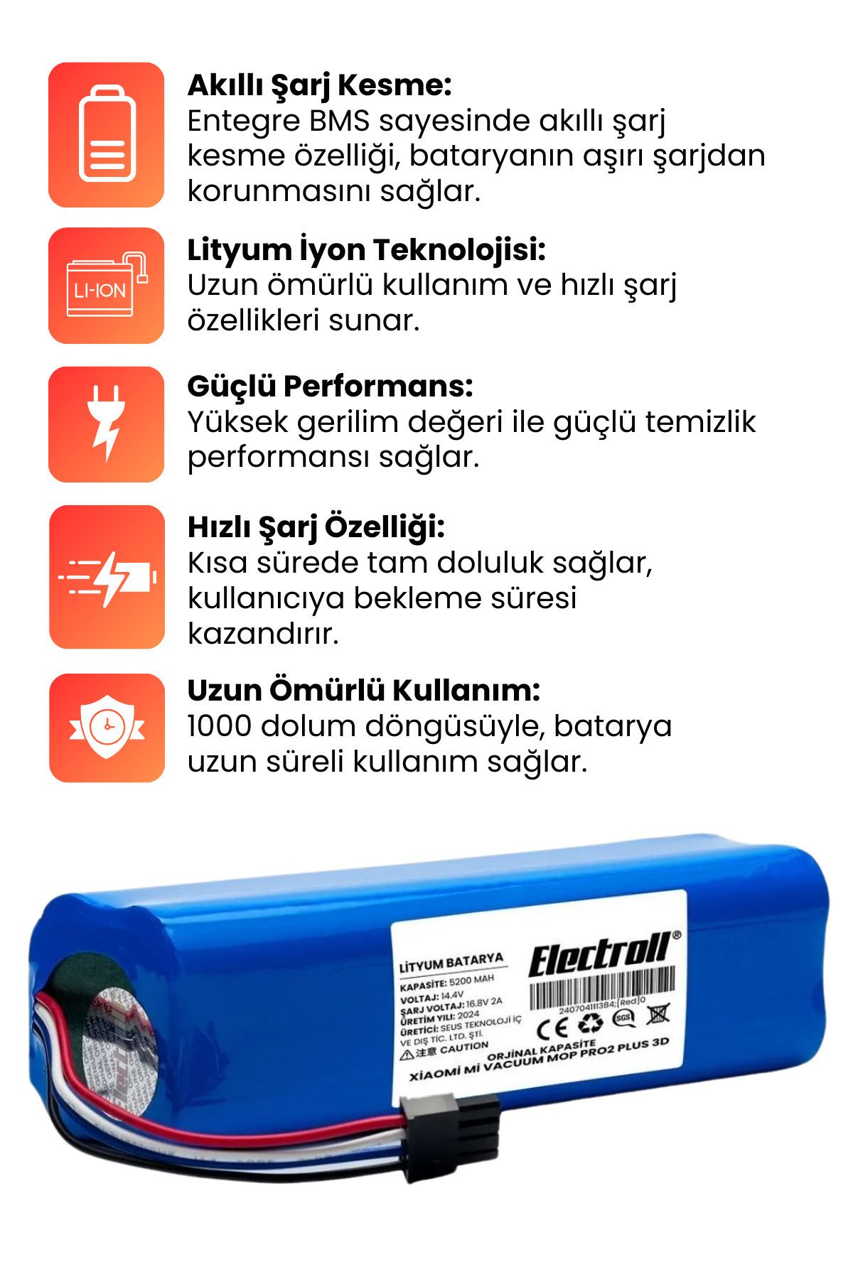 Xiaomi Mi Robot Vacuum Mop 2 Pro Plus 3d Global Versiyon Batarya (ORJİNAL KAPASİTE) 5200mah Pil