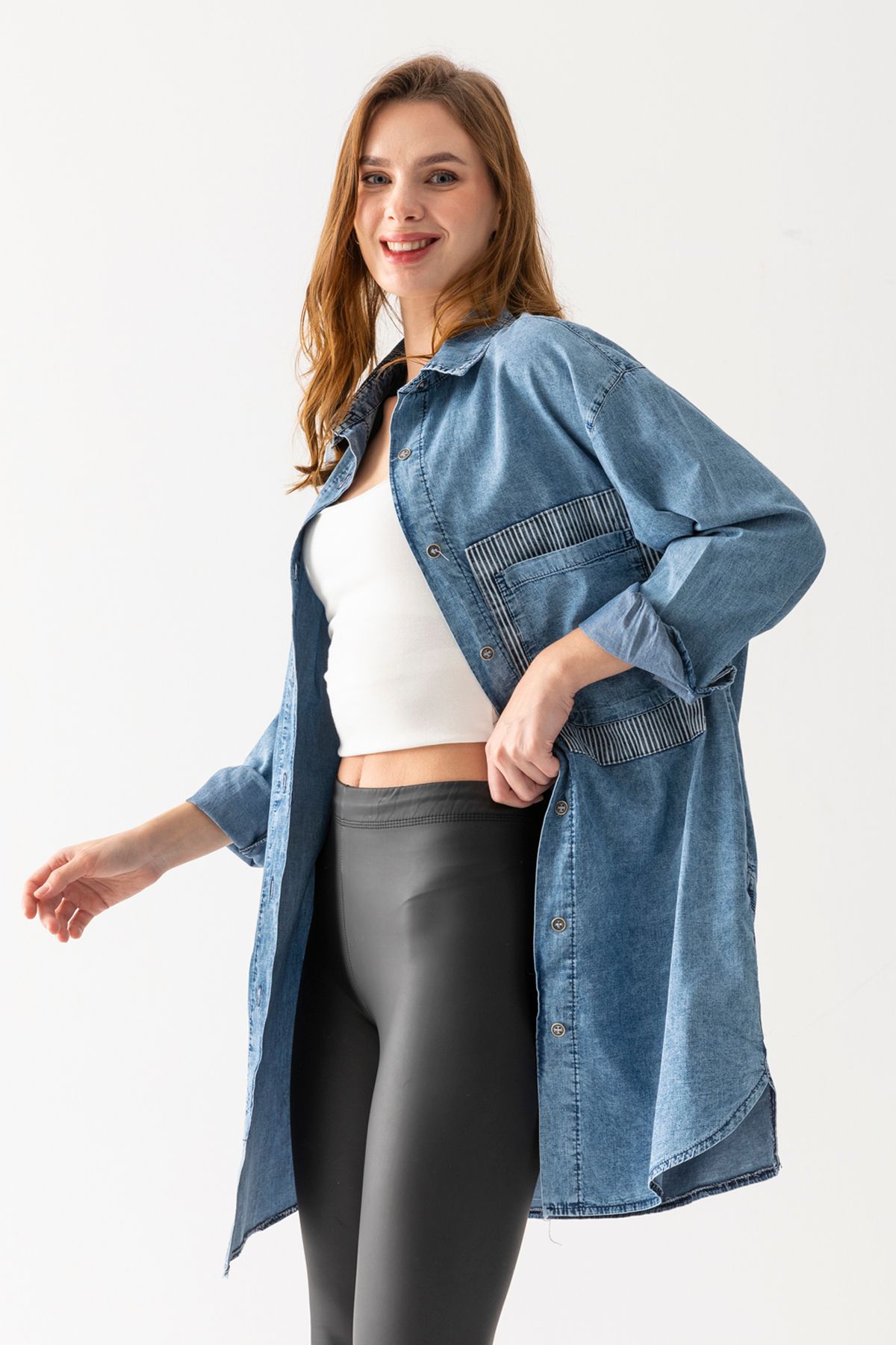 Tek Cepli Oversize Denim Gömlek