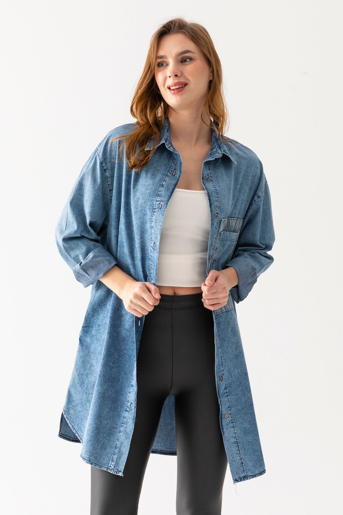 Tek Cepli Oversize Denim Gömlek