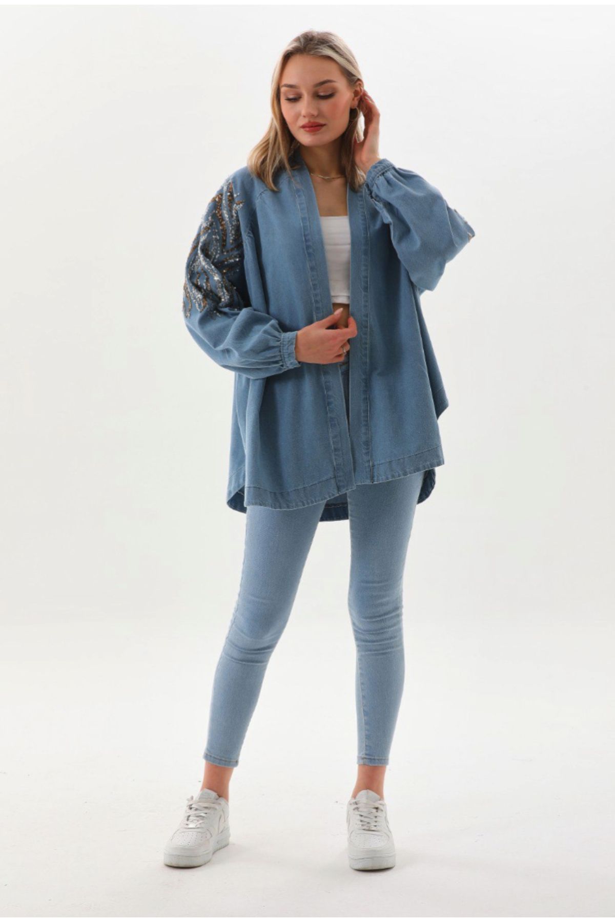 Dadali Nakışlı Denim Kimono