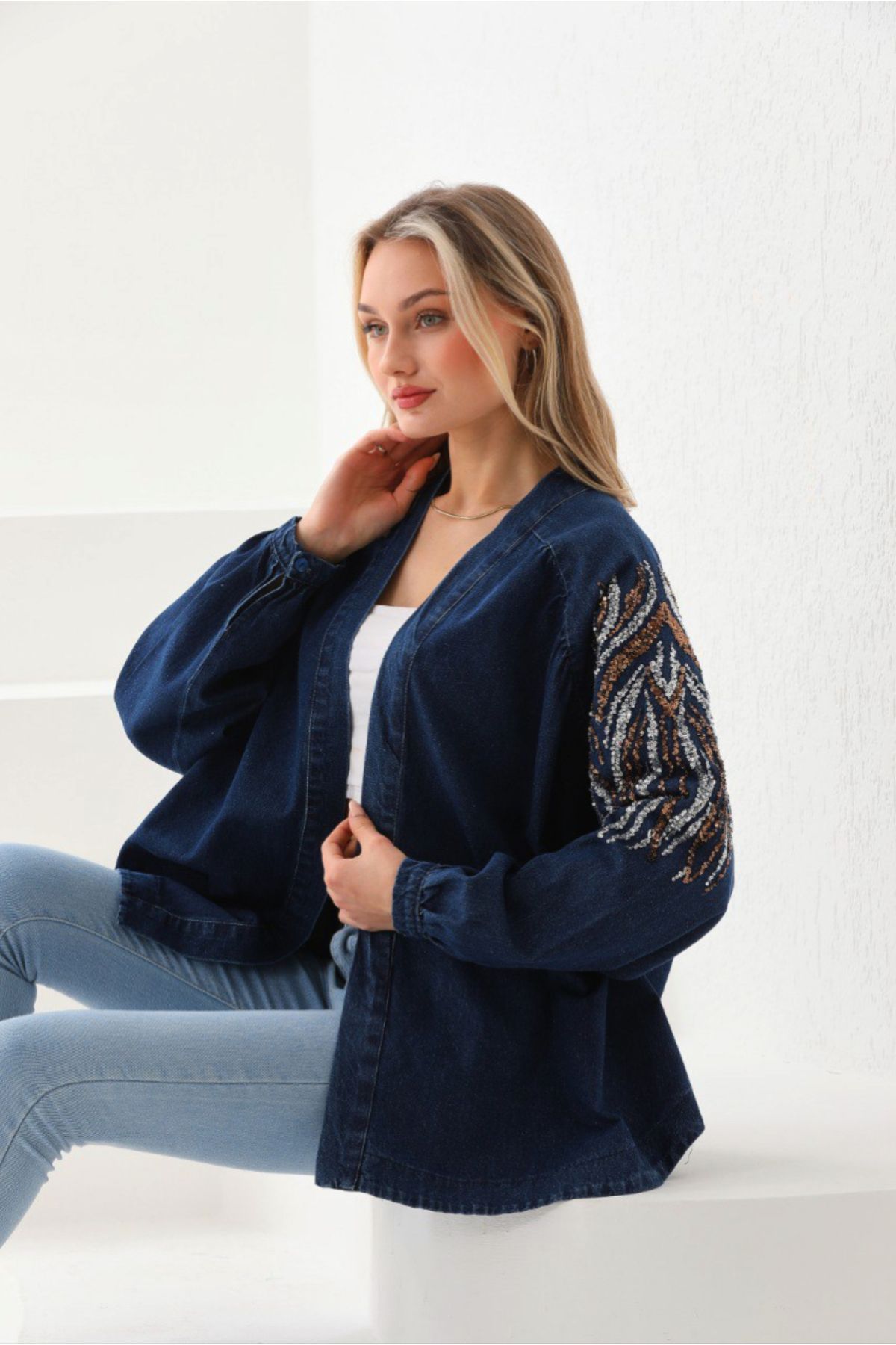 Nakışlı Denim Kimono