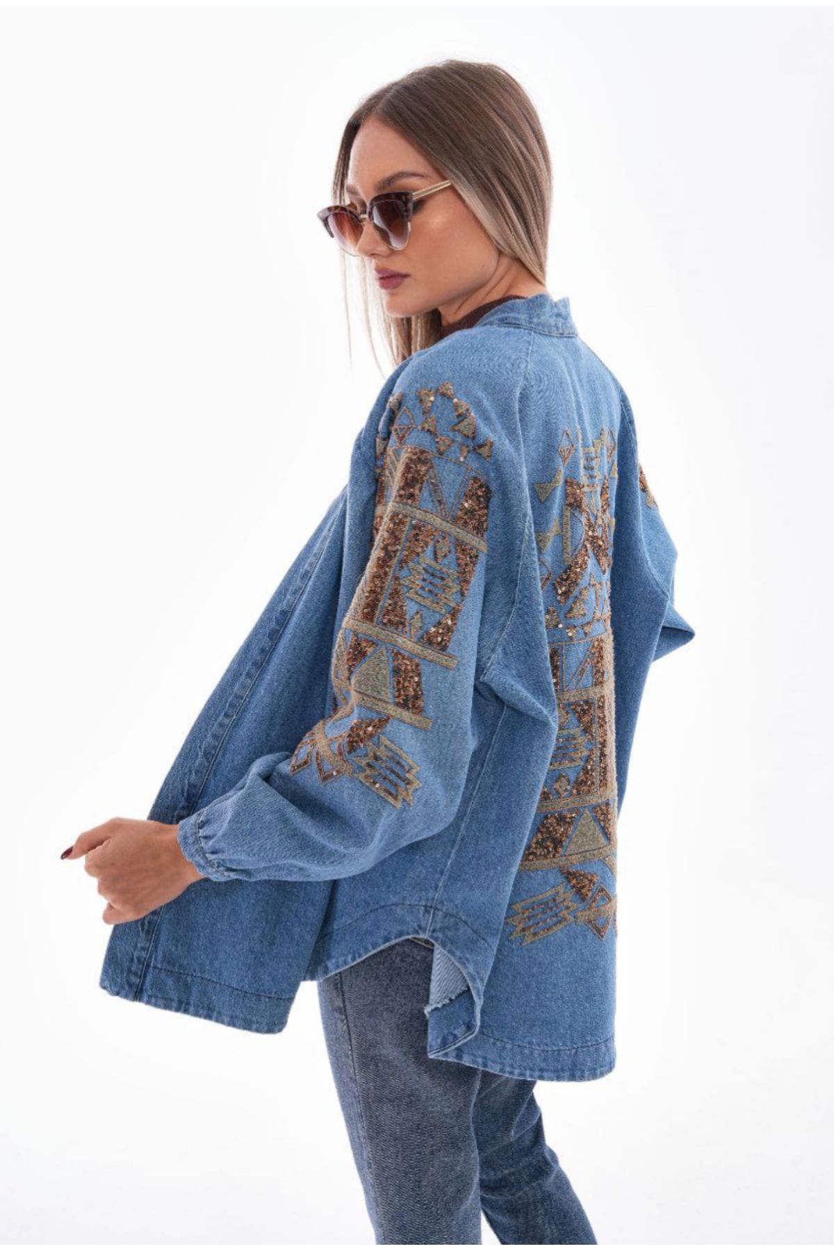 Dadali Nakışlı Denim Kimono