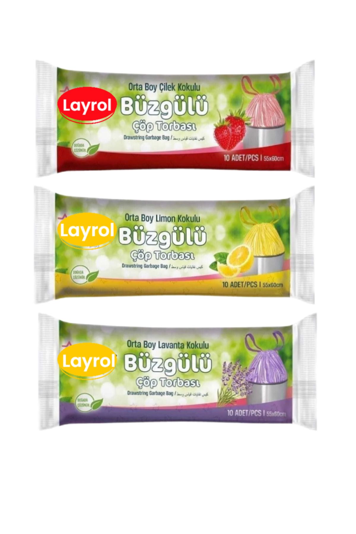 3 Adet Lavanta - Limon - Çilek Kokulu Büzgülü Çöp Torbası Orta Boy 120 Gr