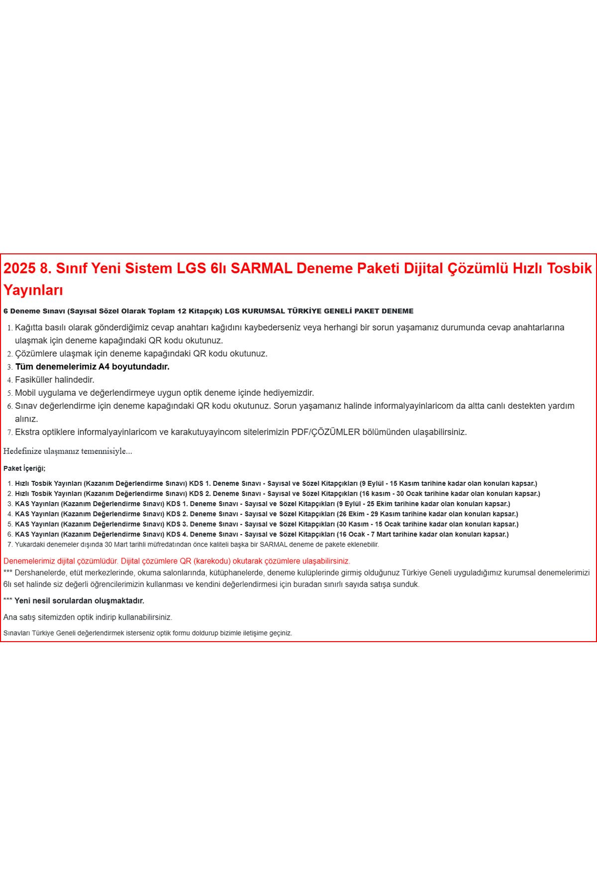 2025 8. Sınıf Yeni Sistem LGS 6lı SARMAL Deneme Paketi Dijital Çözümlü Hızlı Tosbik Yayınları