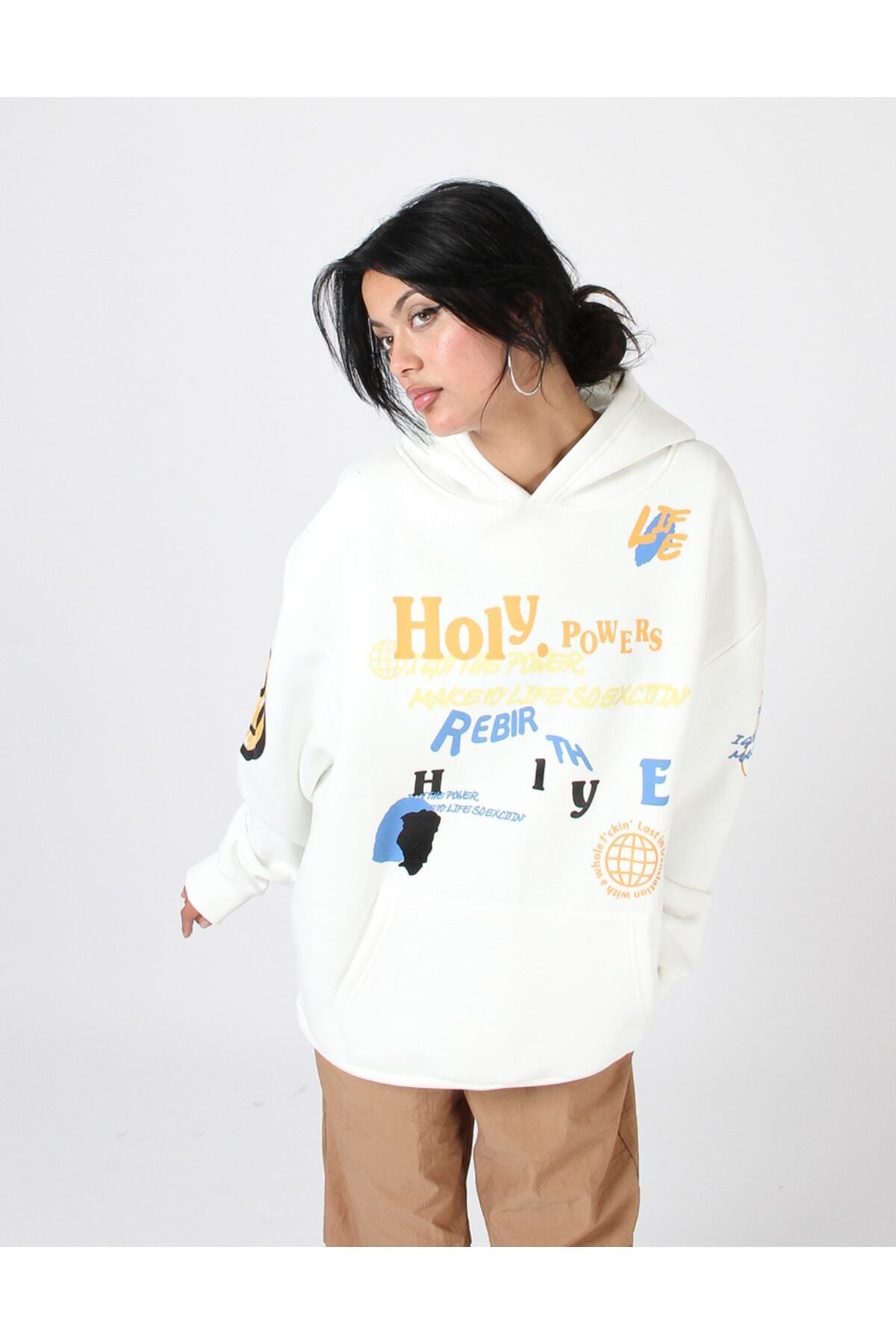 Bak Moda Holy Powers BeyazOversize Unisex Kap...