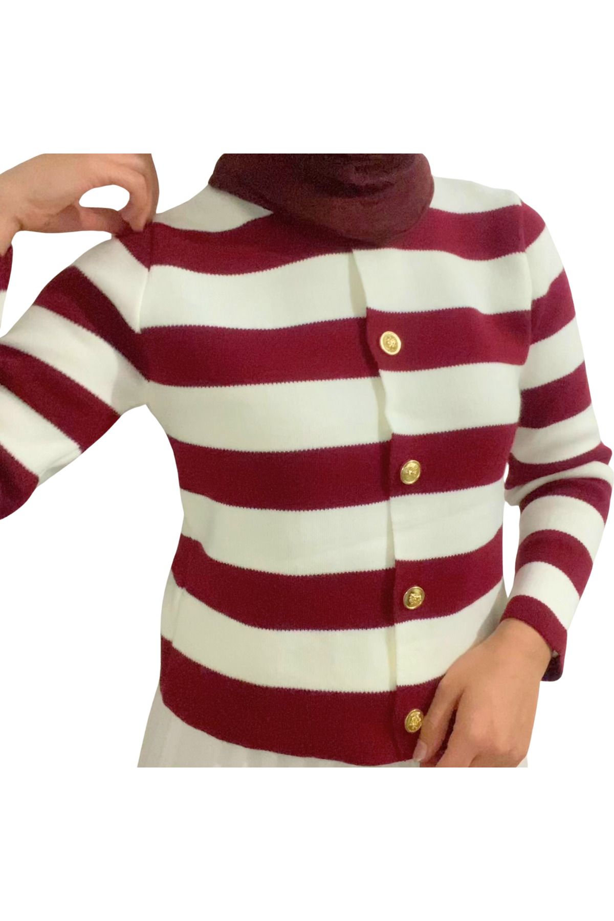 Kadın Bordo Çizgili Kısa Hırka - Women's Burgundy Striped Crop Cardigan