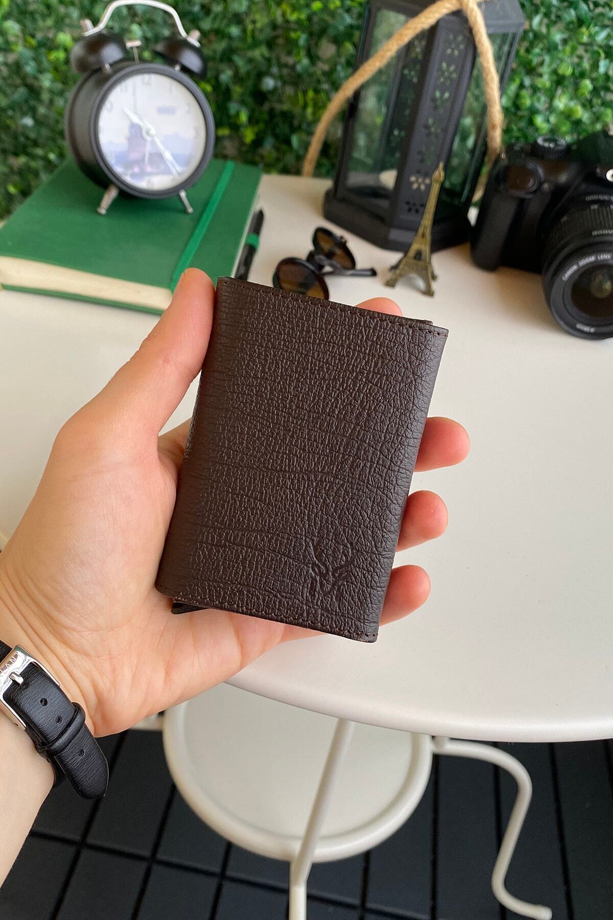 پاپولا - جای کارت و کیف پول قهوه ای با مکانیزم چرم طبیعی، محافظ Rfid، ضد سرقت