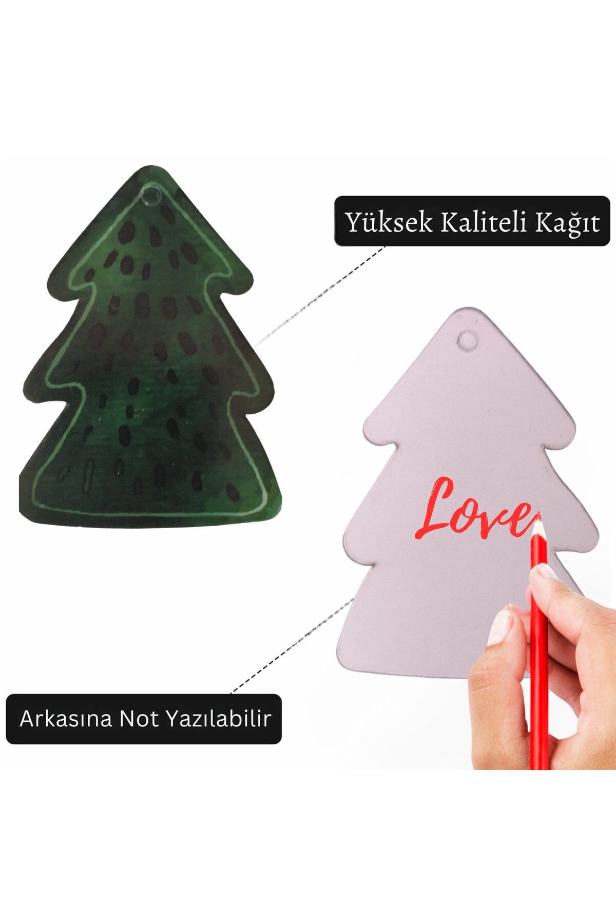 Yılbaşı Çam Ağacı Tasarımlı Hediye Etiketi, Delikli Yeniyıl Paketleme Kartı, 50 Adet, 5,5 x 8 Cm