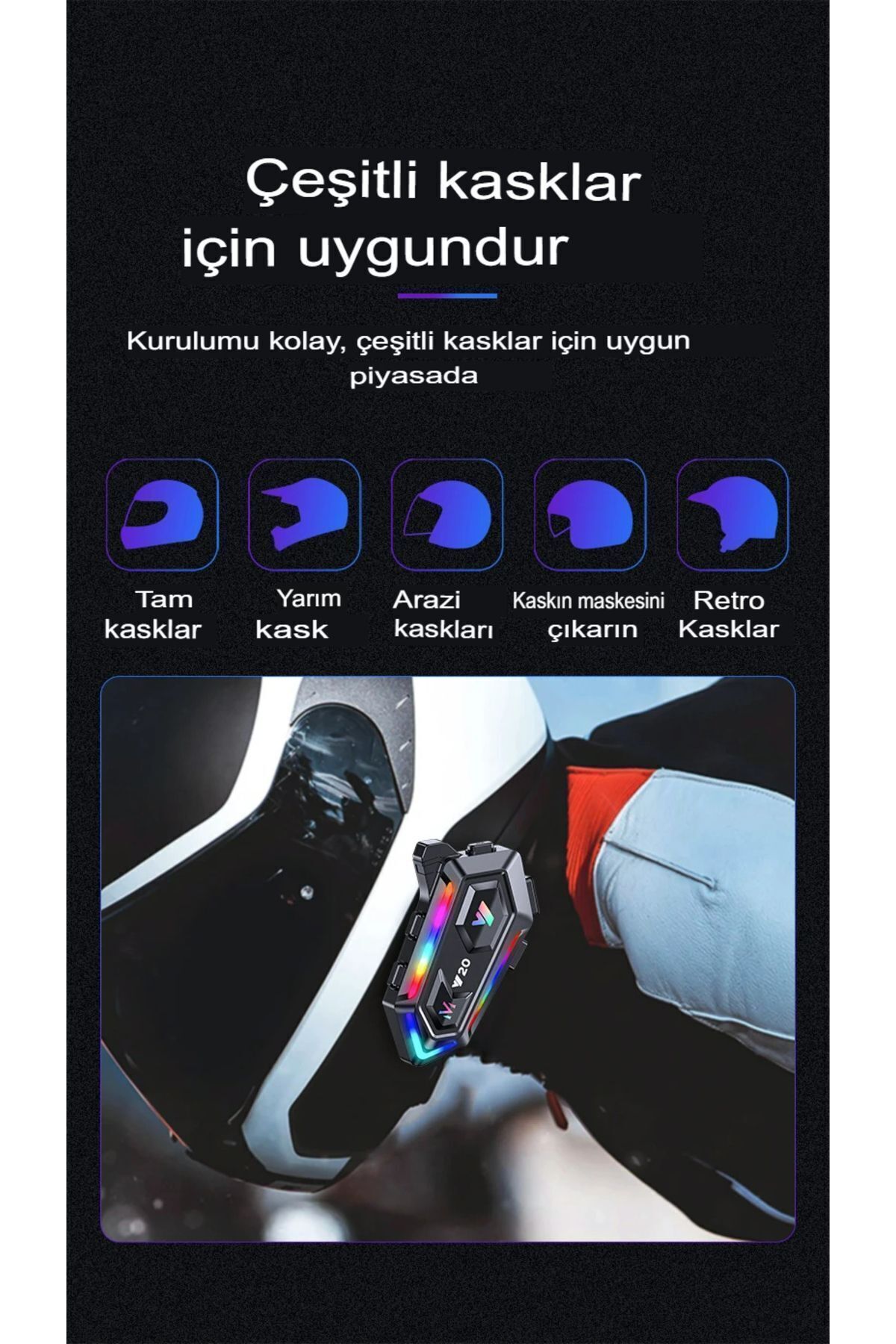 RGB Işıklı Bluetooth Motosiklet İntercom Kask kulaklık BT5.3 Stereo Su Geçirmez Kulaklık