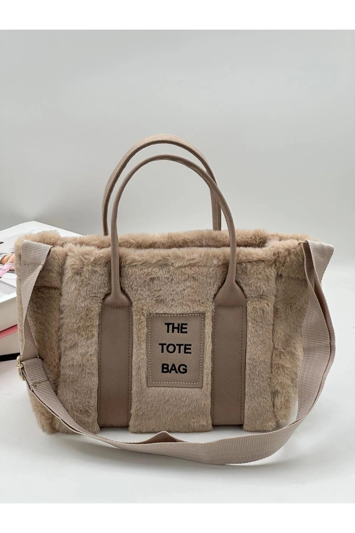 Kadın Vizon The Tote Bag Yazılı Kolon Askılı Kürklü Peluş Çapraz Çanta