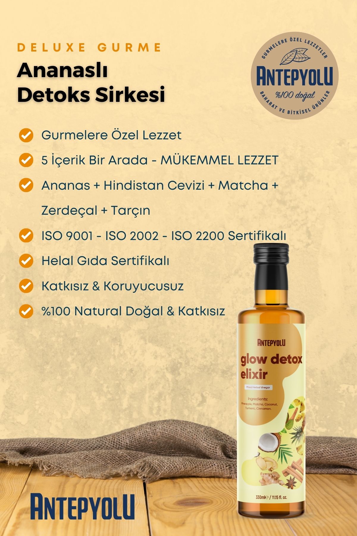 Glow Detox Elixir Premium Ananaslı Ödem Atmaya Kilo Vermeye Yardımcı Doğal Detoks Sirkesi 330 ml