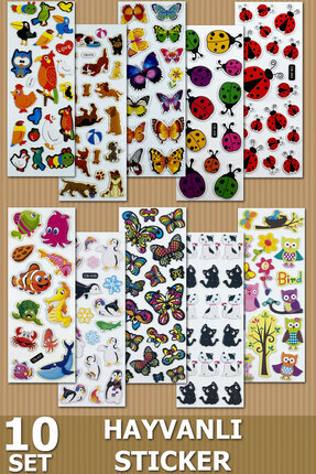 10 Set 150+ Sticker Etiket 3D Hayvanlı Yapıştırma Renkli Kitap Defter Stickerı Image 0