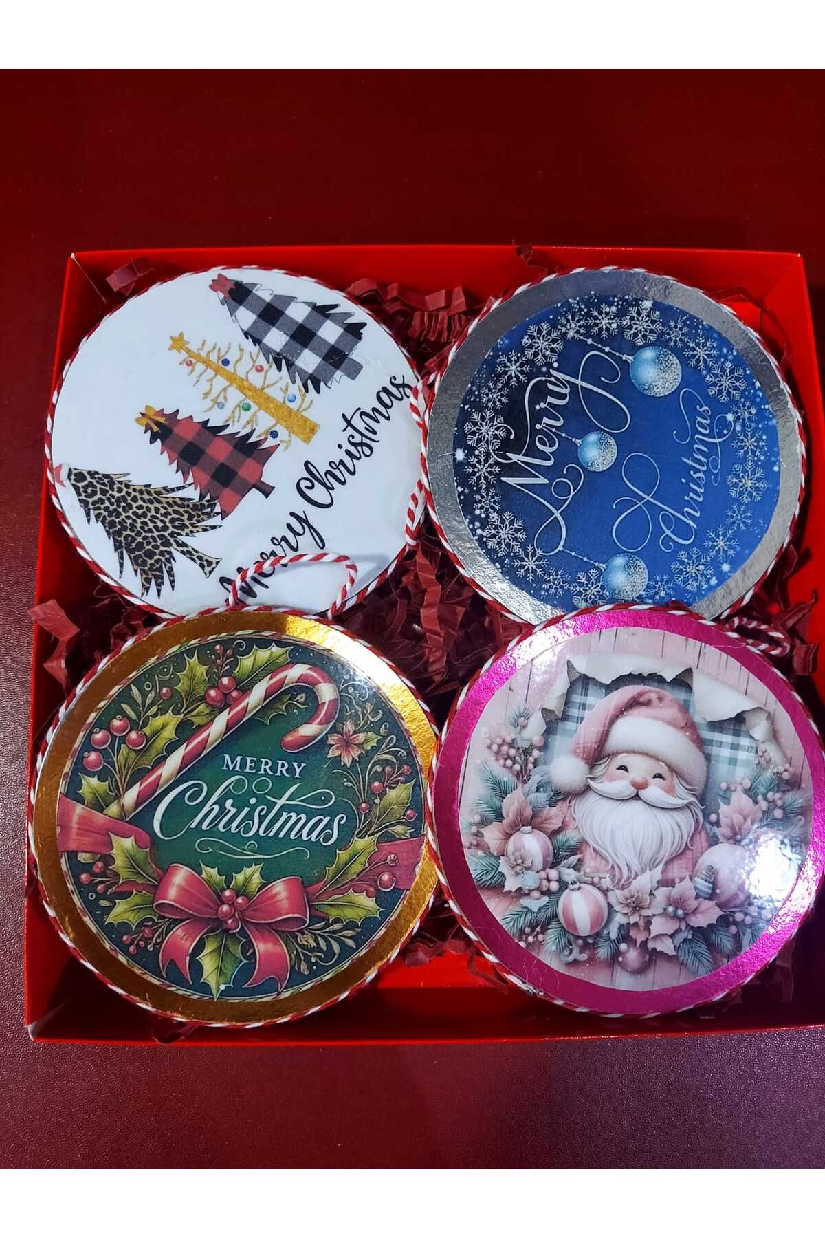 Ahşap Üzerine Baskı 10cm Çap Dörtlü Noel Duvar Süsü Set