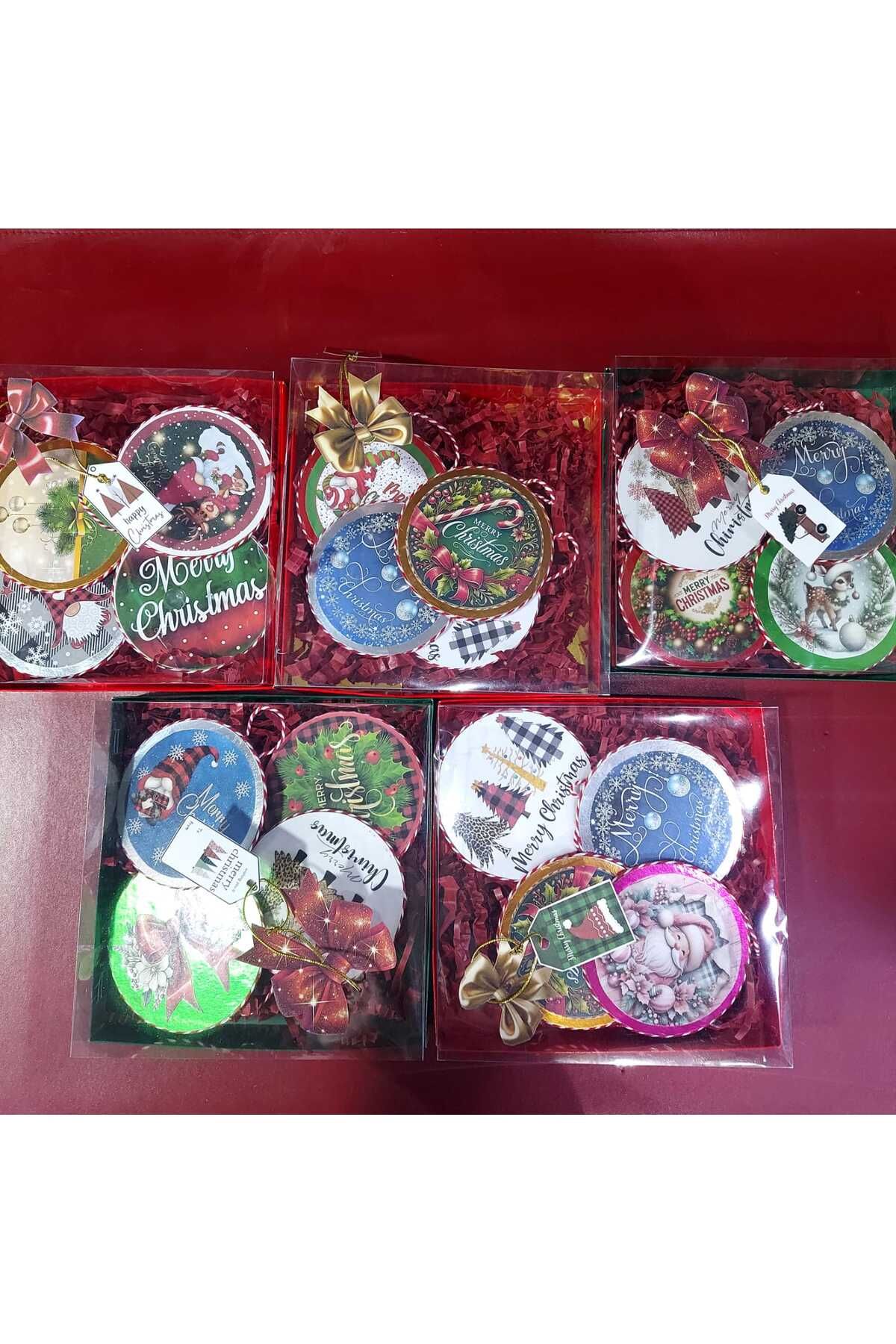 Ahşap Üzerine Baskı 10cm Çap Dörtlü Noel Duvar Süsü Set