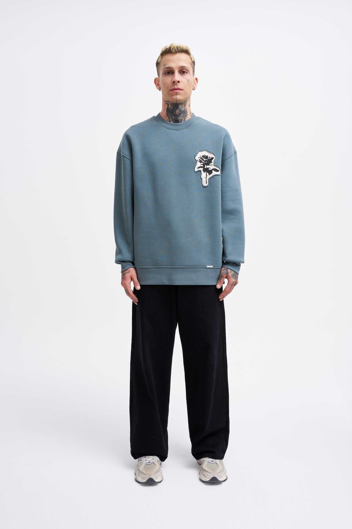 Erkek Bottom Printed Patch Sweatshirt BLUE SMOKE