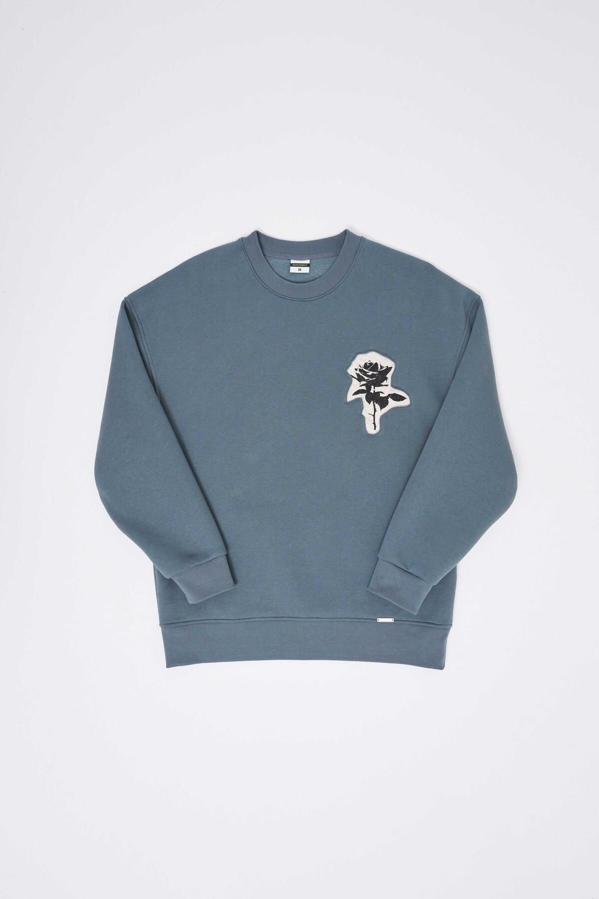 Erkek Bottom Printed Patch Sweatshirt BLUE SMOKE