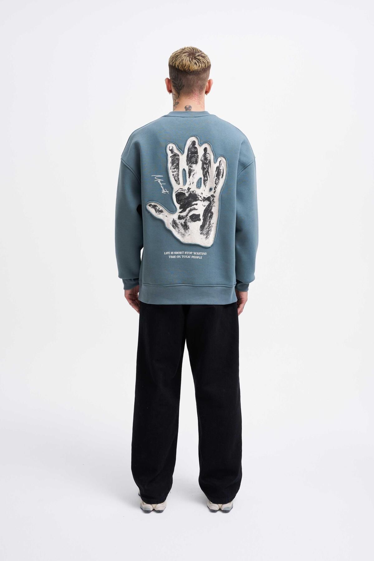 Erkek Bottom Printed Patch Sweatshirt BLUE SMOKE