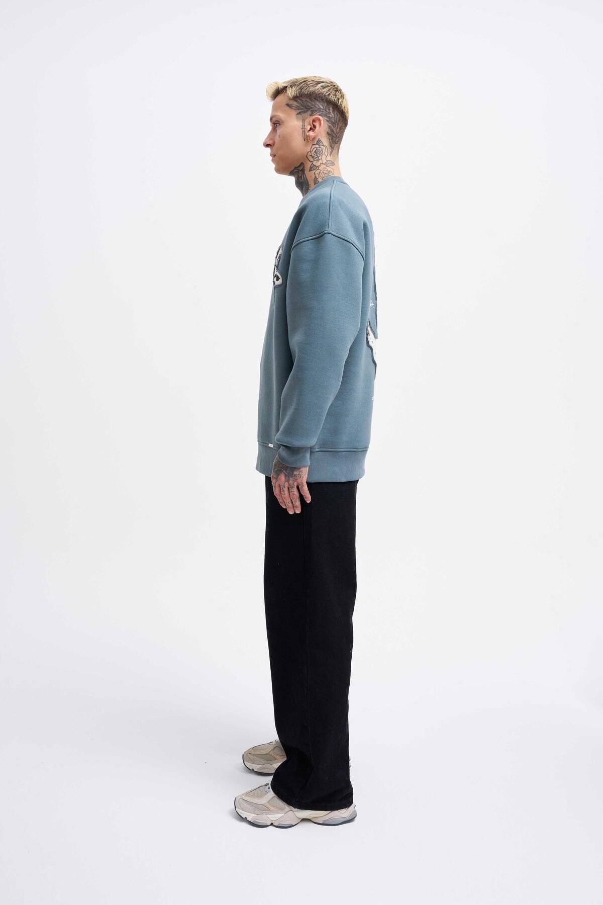 Erkek Bottom Printed Patch Sweatshirt BLUE SMOKE