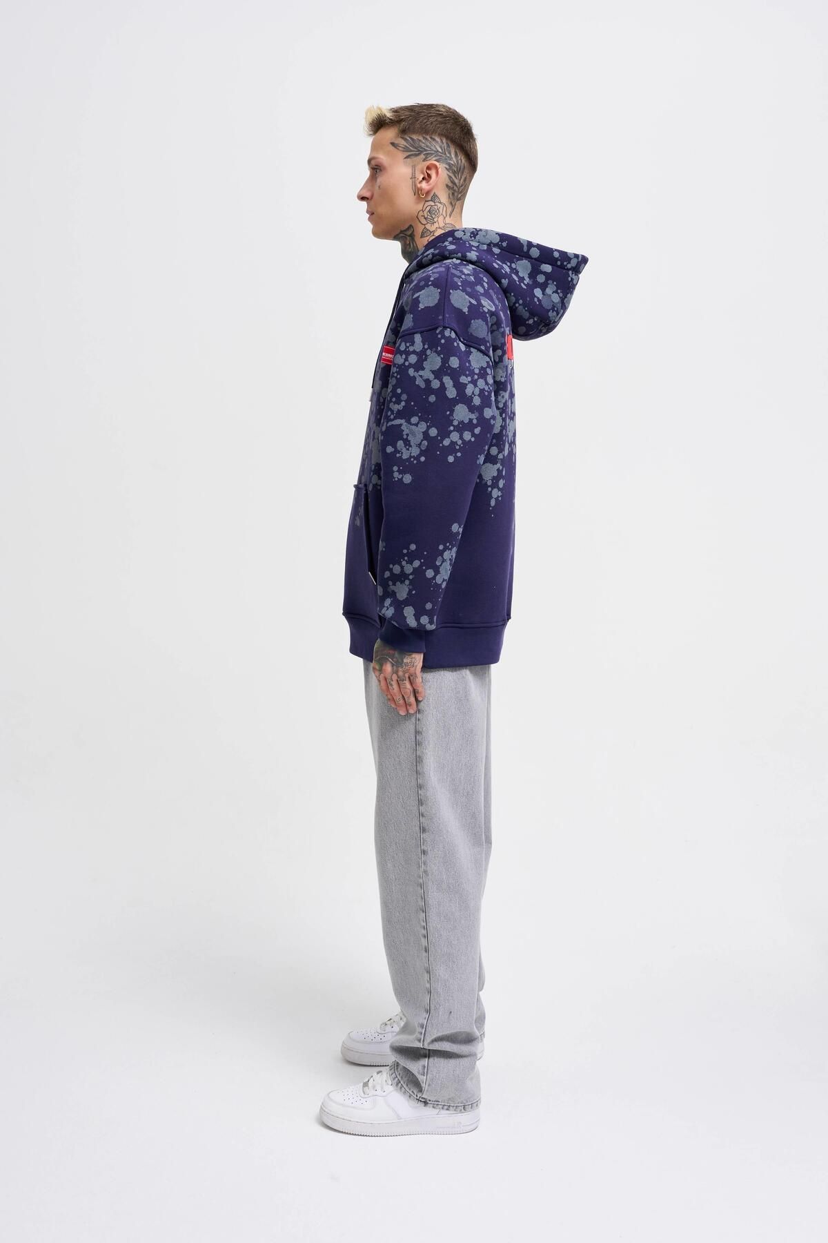 Erkek Splash Printed Lacivert Hoodie