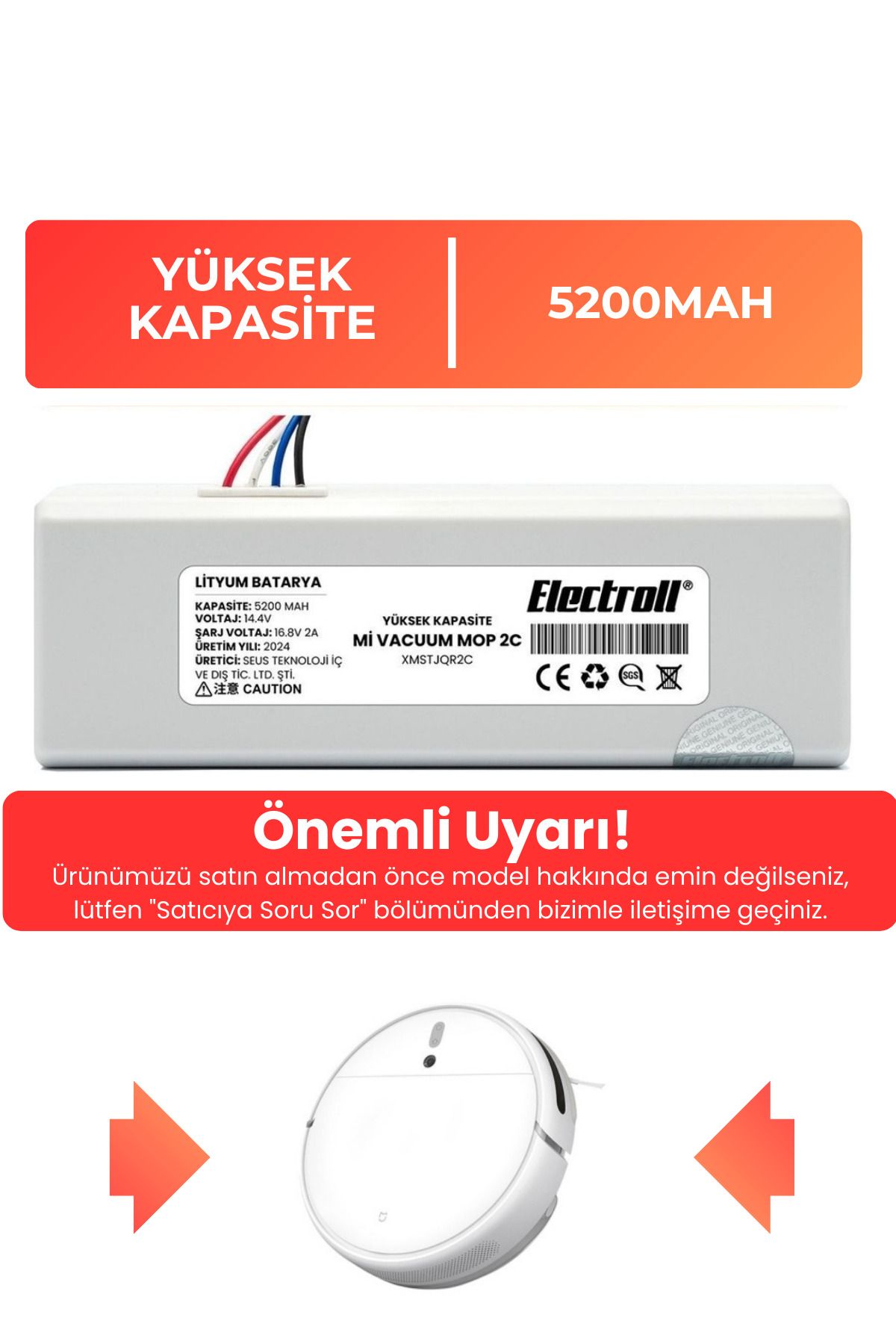 Xiaomi Mi Vacuum Mop 2c 2in1 Uyumlu Batarya (YÜKSEK KAPASİTE) 5200mah Robot Süpürge Pili