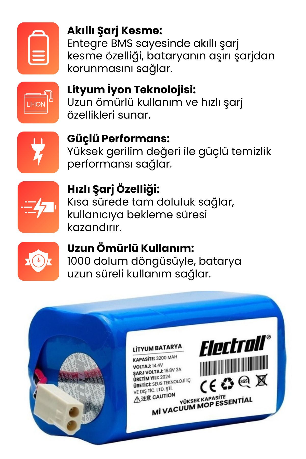 Xiaomi Vacuum Mop G1 2in1 Essential Uyumlu Batarya (YÜKSEK KAPASİTE) 3200mah Pil Robot Süpürge Pili