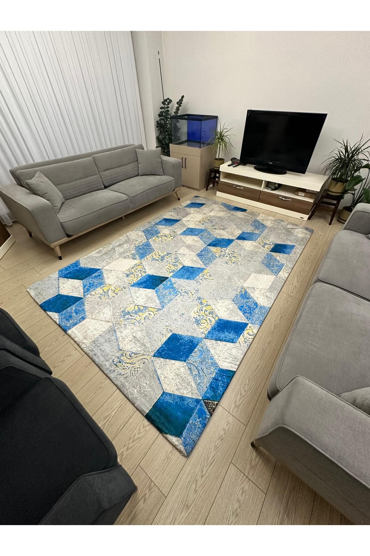 Süngersiz Halı Örtüsü - Lastikli - Yıkanabilir - Dijital Baskı - Ölçü 6m² 200x300 cm ÜÇGEN MAVİ