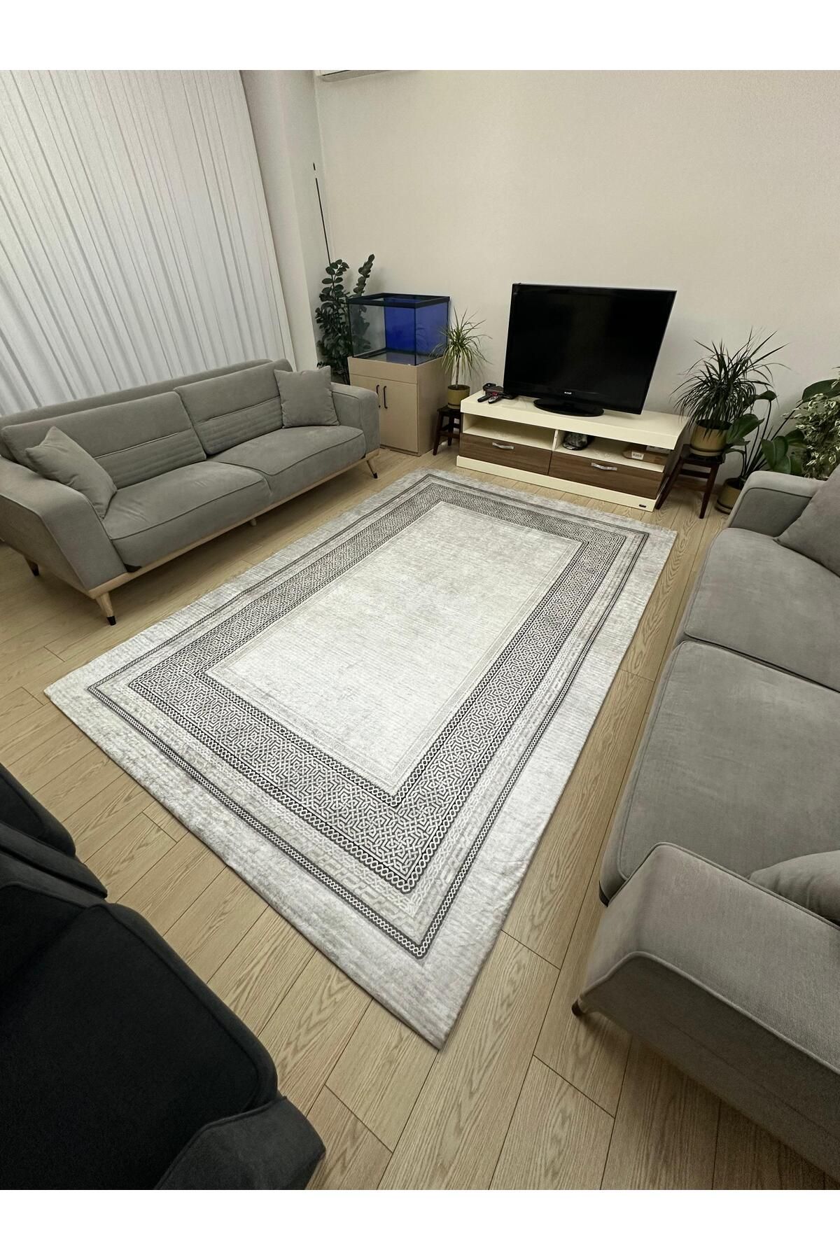 Süngersiz Halı Örtüsü - Lastikli - Yıkanabilir - Dijital Baskı - Ölçü 6m² 200x300 cm AZRA GRİ