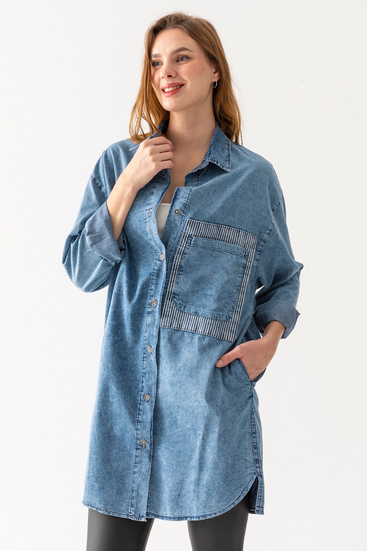 Tek Cepli Oversize Denim Gömlek