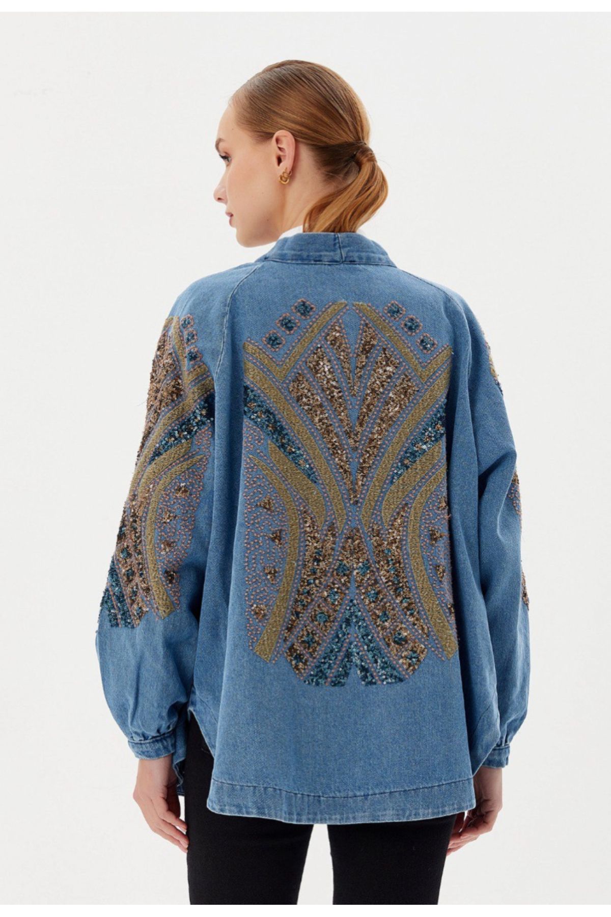 Dadali Nakışlı Denim Kimono