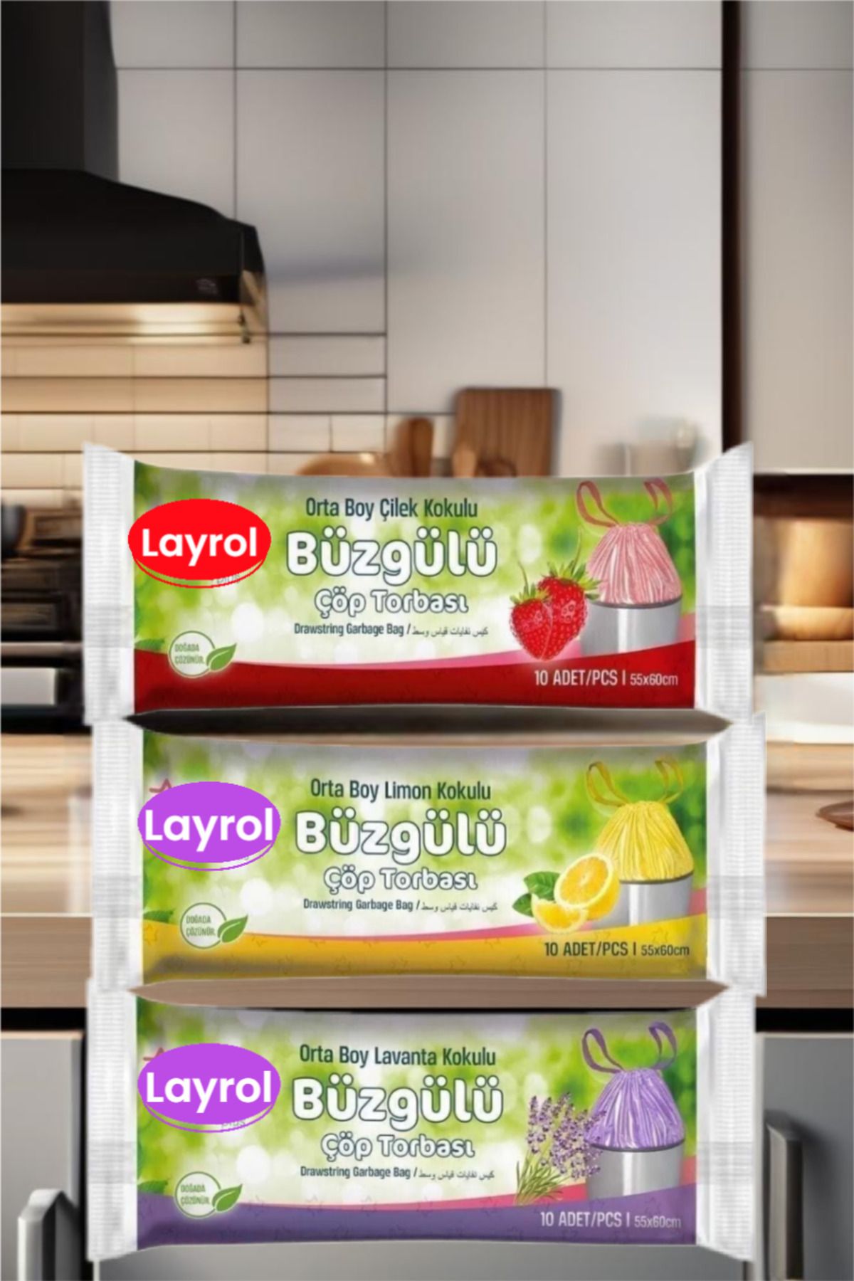 3 Adet Lavanta - Limon - Çilek Kokulu Büzgülü Çöp Torbası Orta Boy 120 Gr