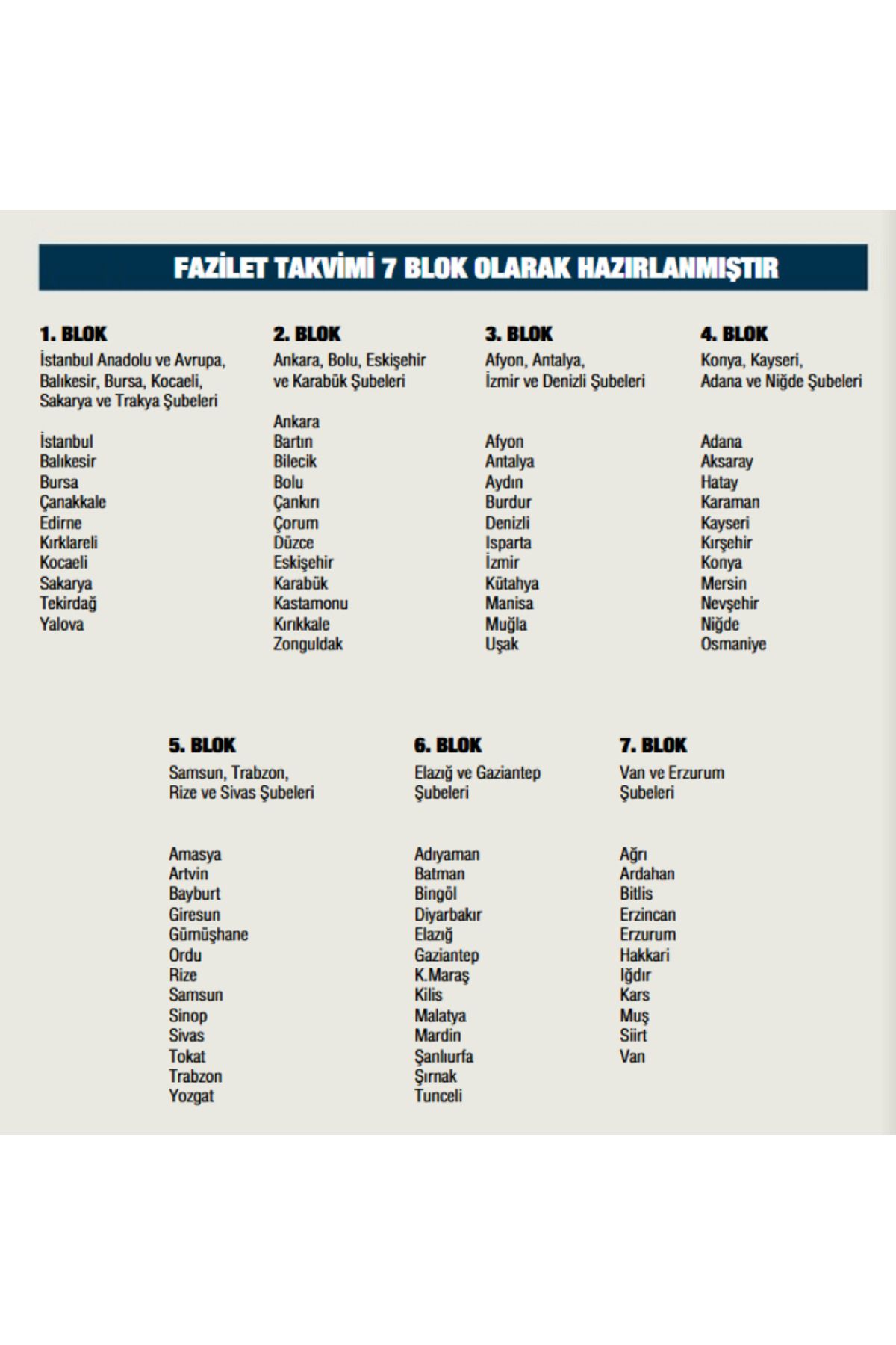 Hayat Rehberimiz 2025 Fazilet Blok Takvimi 7 Bölge Yurtiçi