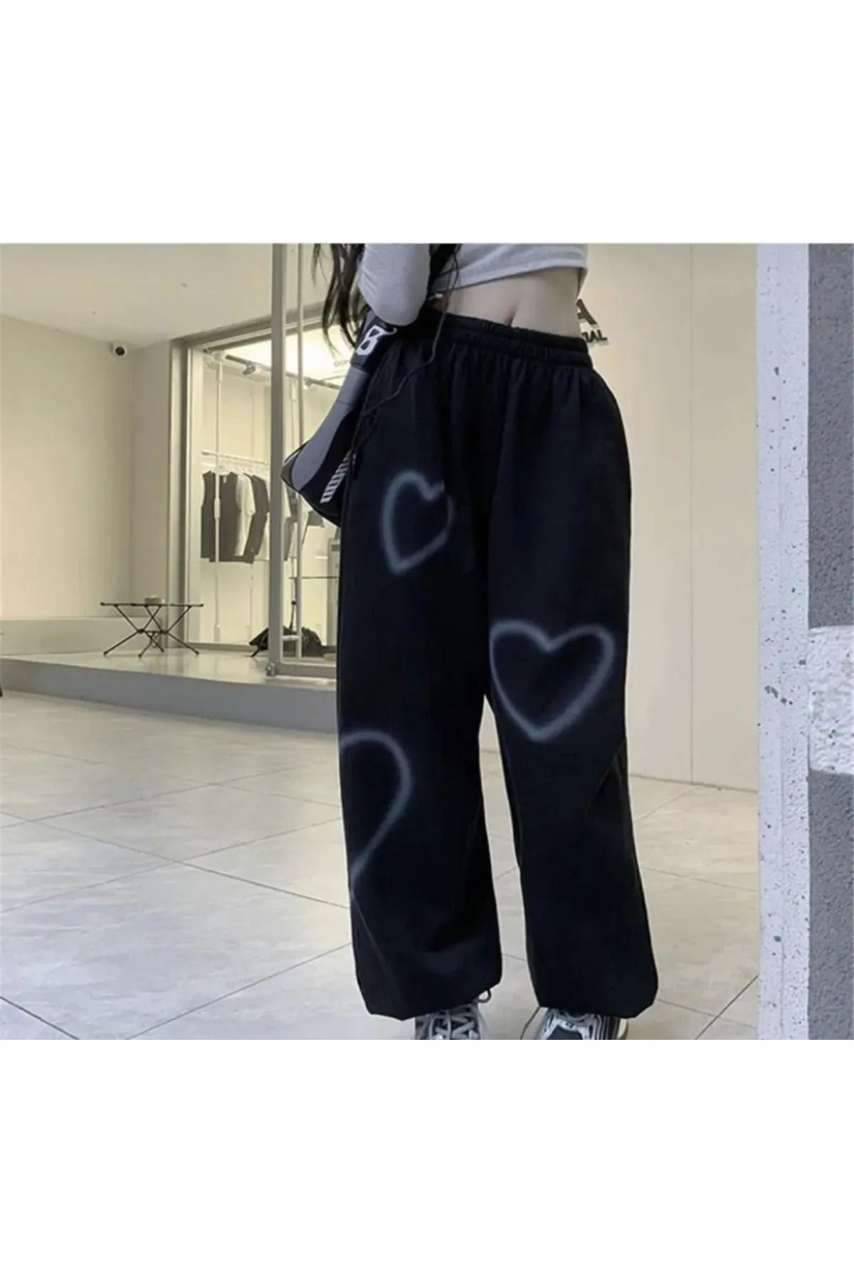 Streetwear Harajuku Heart Desenli Oversize Unisex Eşofman Altı