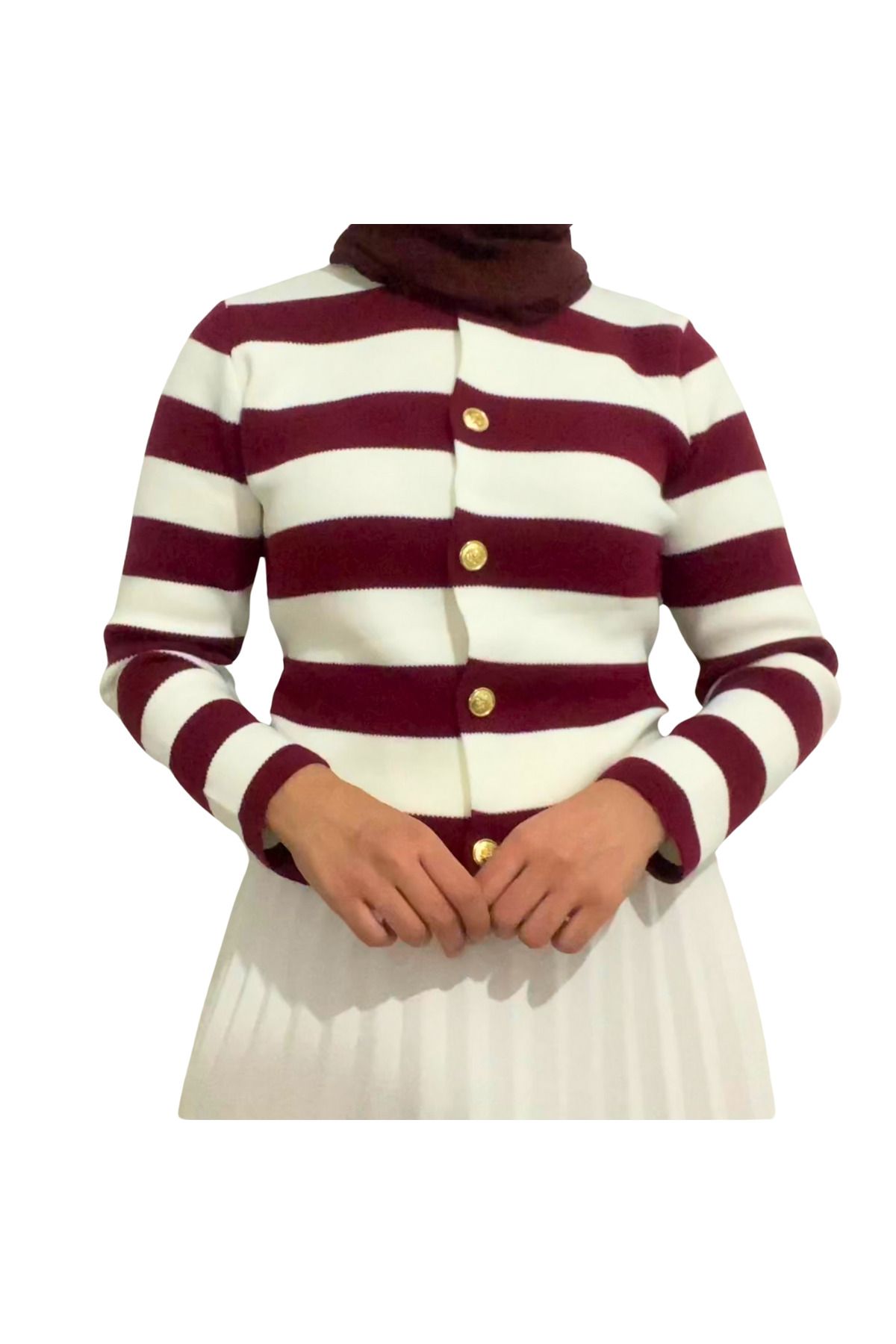 Kadın Bordo Çizgili Kısa Hırka - Women's Burgundy Striped Crop Cardigan