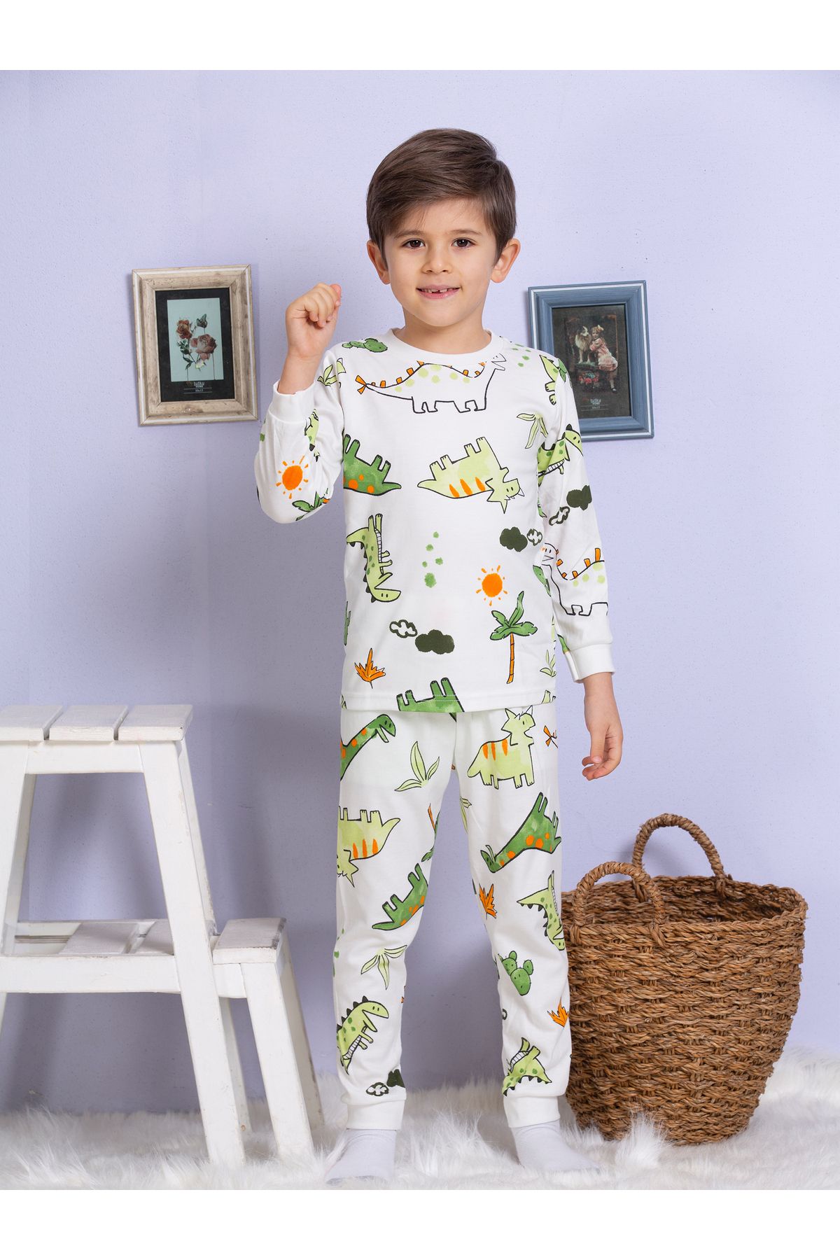 Erkek Çocuk %100 Pamuklu Dinazor Ağaç Desenli Pijama Takımı