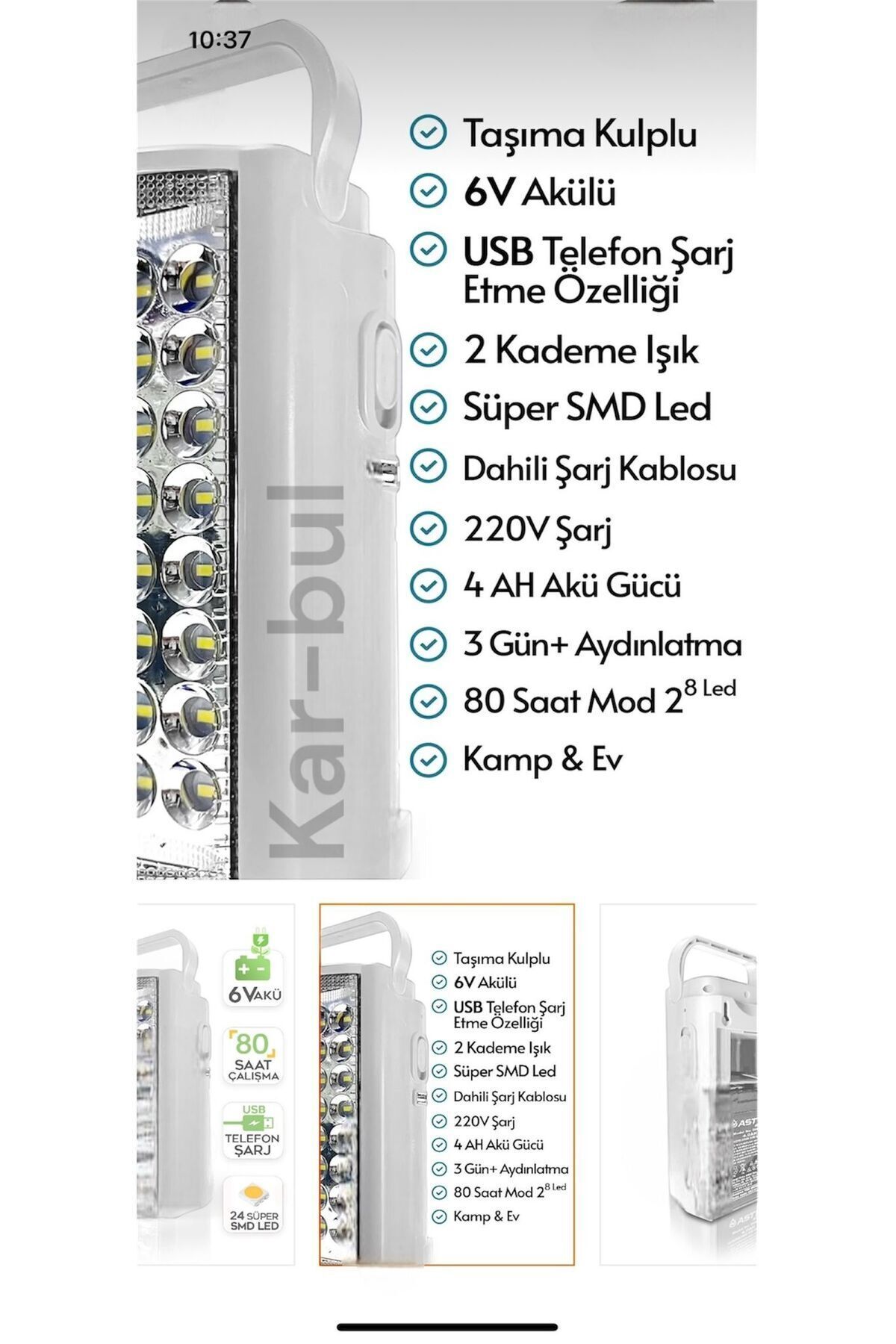 24 Ledli Usb Şarj Çıkışlı Kaliteli Kamp Feneri 80 Saat Akülü Şarjlı Işıldak