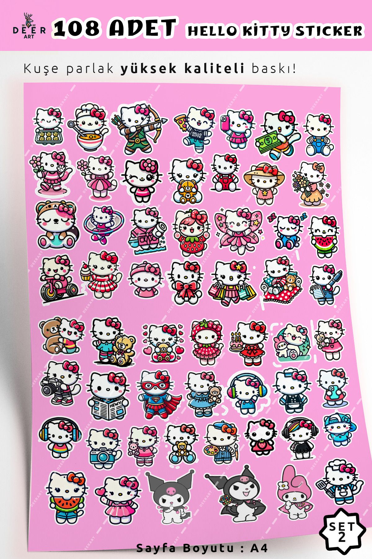 Hello Kitty Sticker Seti - 108 Adet - Eşsiz Tasarımlı - Planner, Ajanda, Laptop, Telefon Sticker