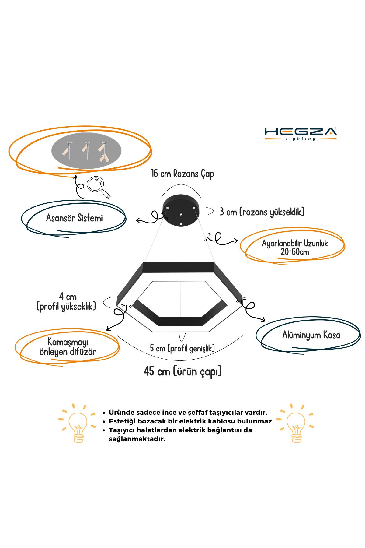 Hexagon ( Siyah Kasa, Beyaz Işık ) Ledli Modern Led Avize, Salon, Mutfak, Oturma Yatak Odası, Sarkıt