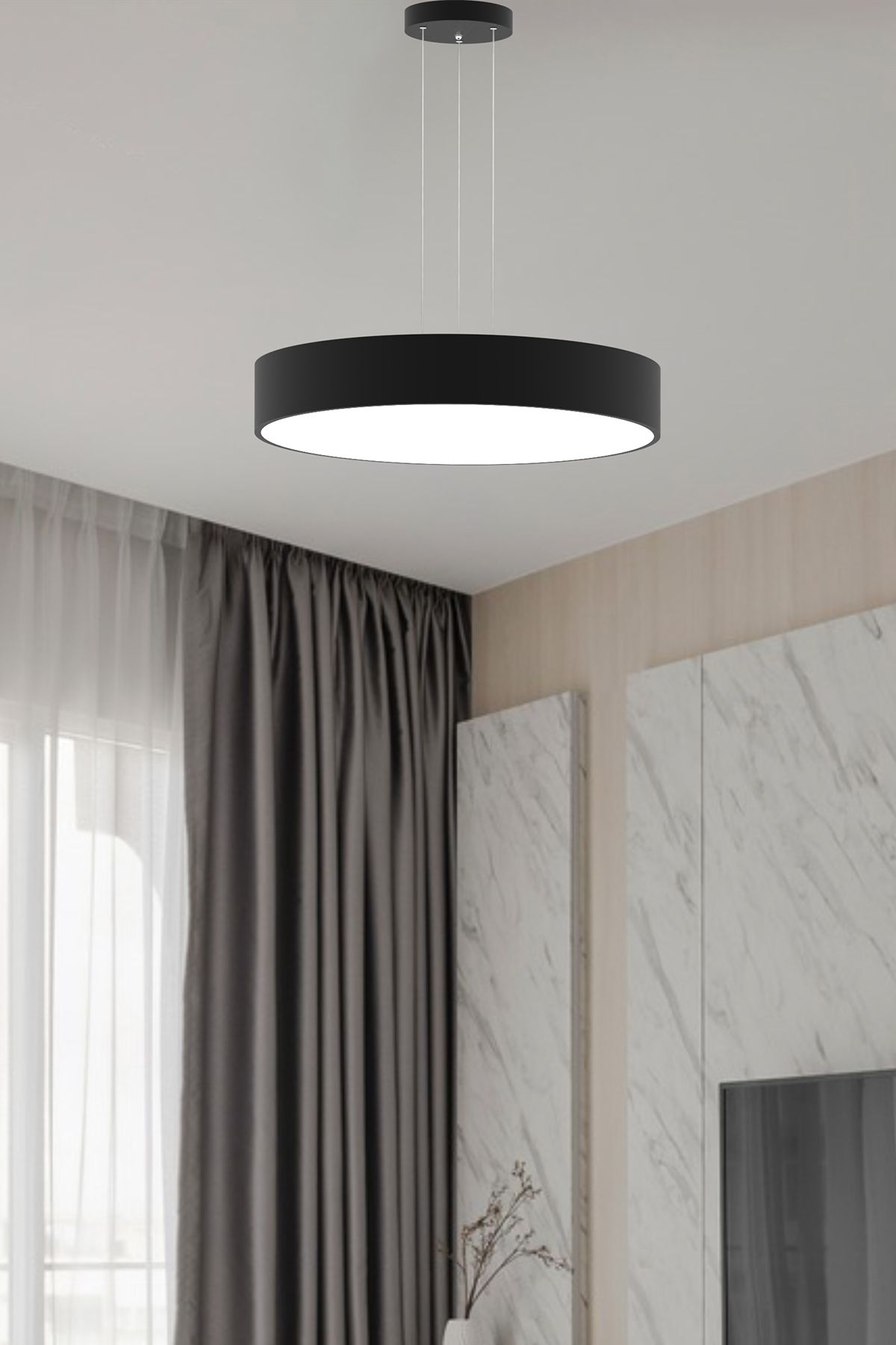 Drum 60cm ( Siyah Kasa, Sarı Işık ) Ledli Sarkıt Led Avize