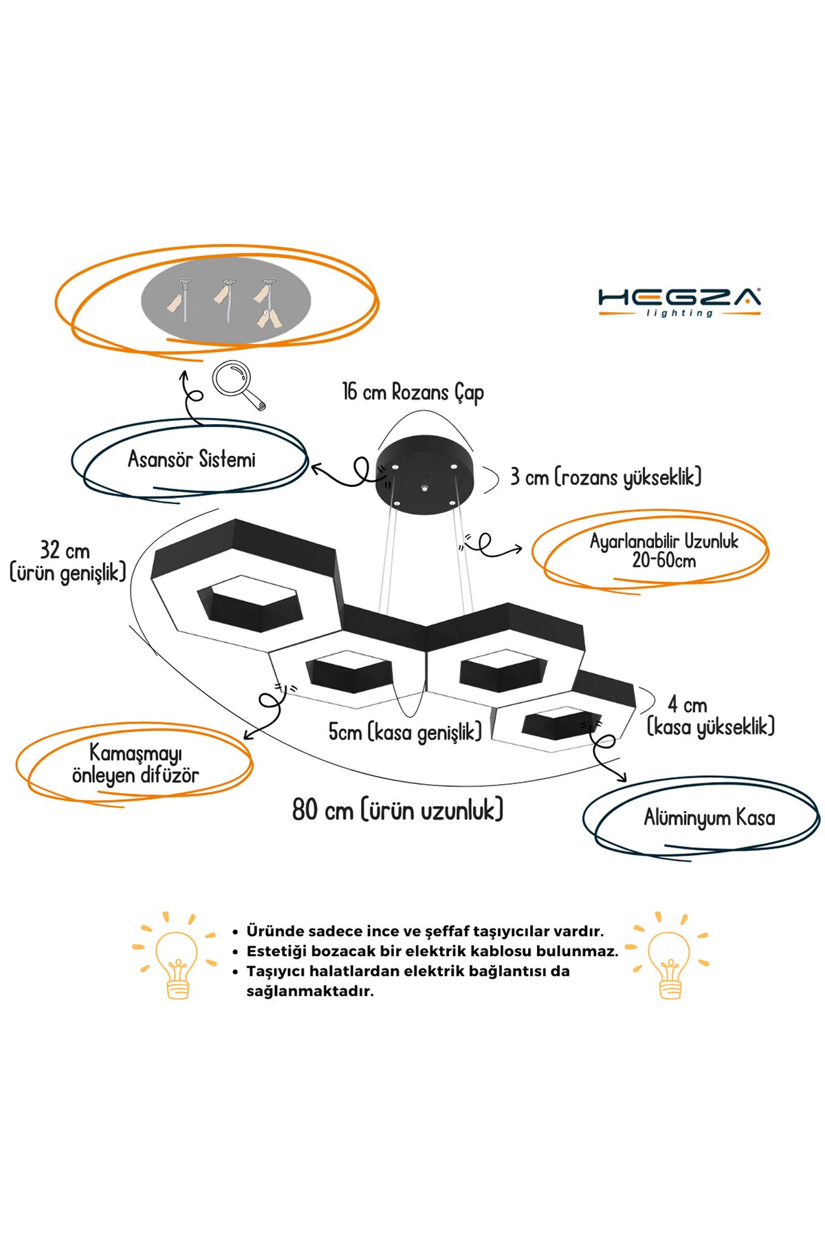 Catena ( Siyah Kasa, Doğal Beyaz Işık ) Modern Led Avize, Salon, Mutfak, Antre, Hol, Masa, Sarkıt