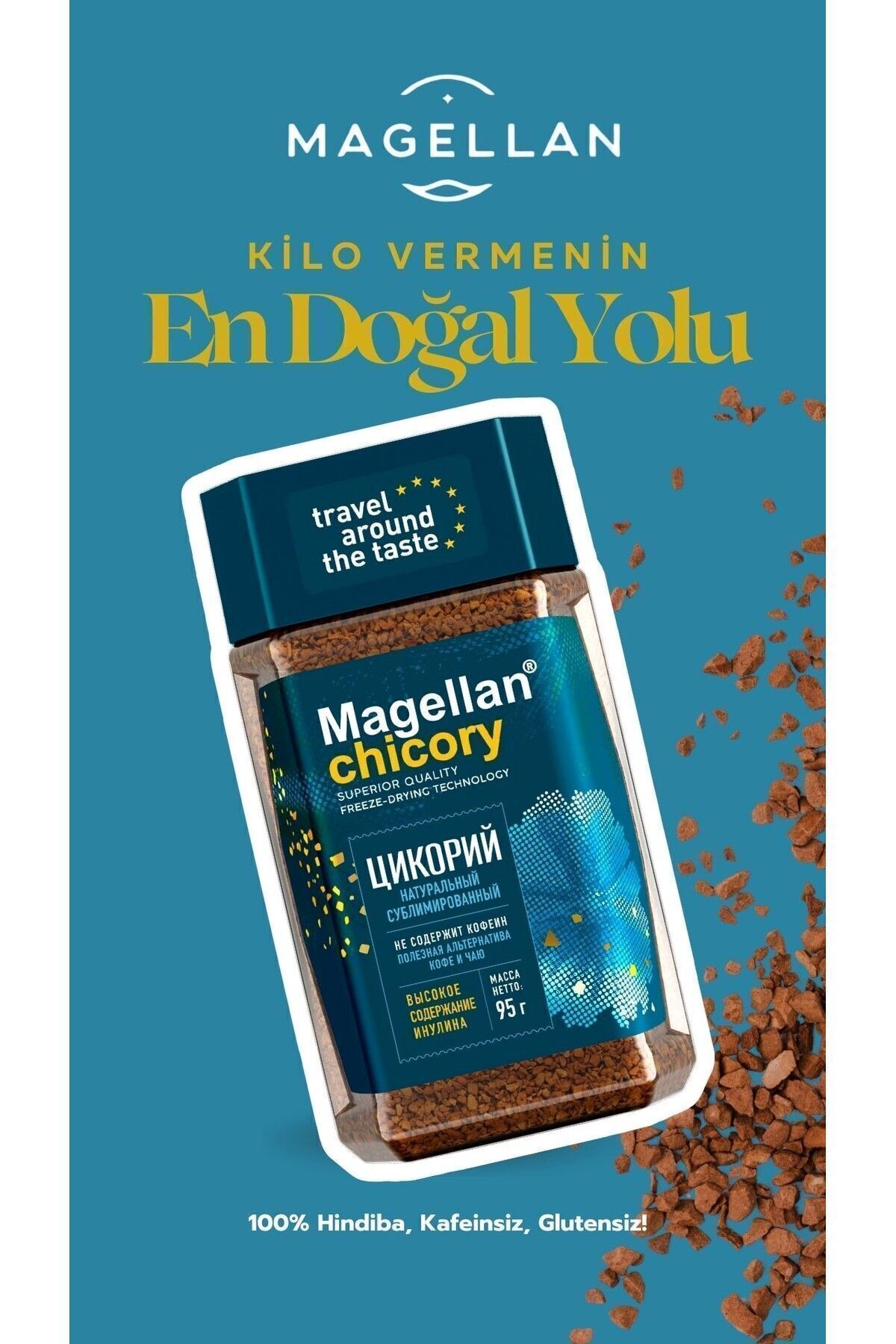 Magellan %100 Doğal Kafeinsiz Hindiba - Prebiyotik Inülinli, Glutensiz, Vegan Kahve Alternatifi, 95g